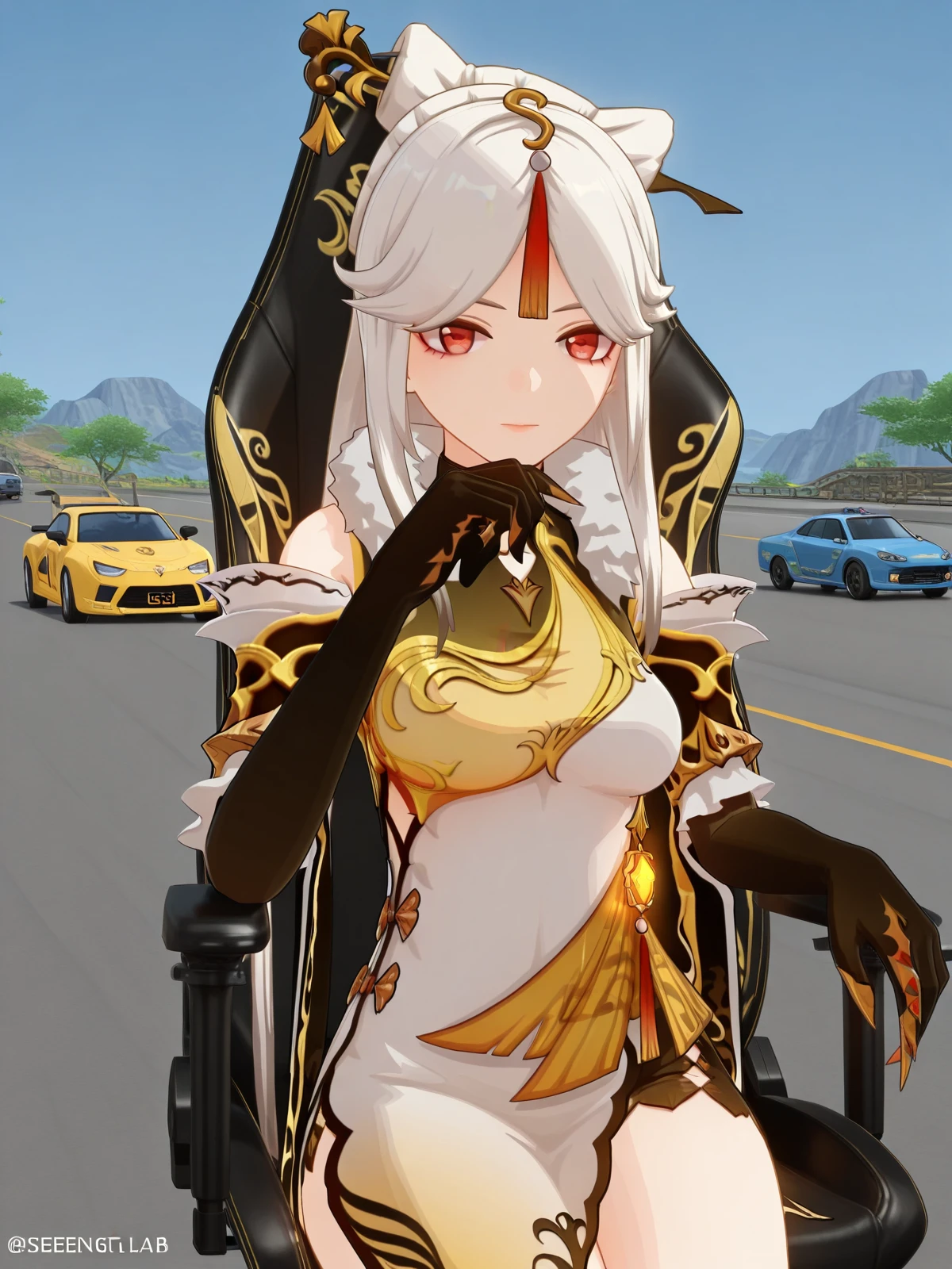 masterpiece, best quality, amazing quality,, <lora:genshin-ningguang-ingame-illustriousxl-lora-nochekaiser:1>, ningguang, ningguang (genshin impact), grey hair, hair ornament, hairpin, long hair, parted bangs, red eyes, sidelocks, streaked hair, red hair, mature female, breasts, 3d, bare shoulders, black gloves, chinese clothes, claw ring, detached sleeves, dress, elbow gloves, frilled sleeves, frills, fur collar, gloves, jewelry, pelvic curtain, sleeveless, sleeveless dress, white dress,, <lora:secretlab-chair-illustriousxl-lora-nochekaiser:1>, secretlab chair, chair, office chair, gaming chair, sitting, cowboy shot, elbow rest, road, cars, asphalt, travel, speed, cowboy shot, solo, looking at viewer,