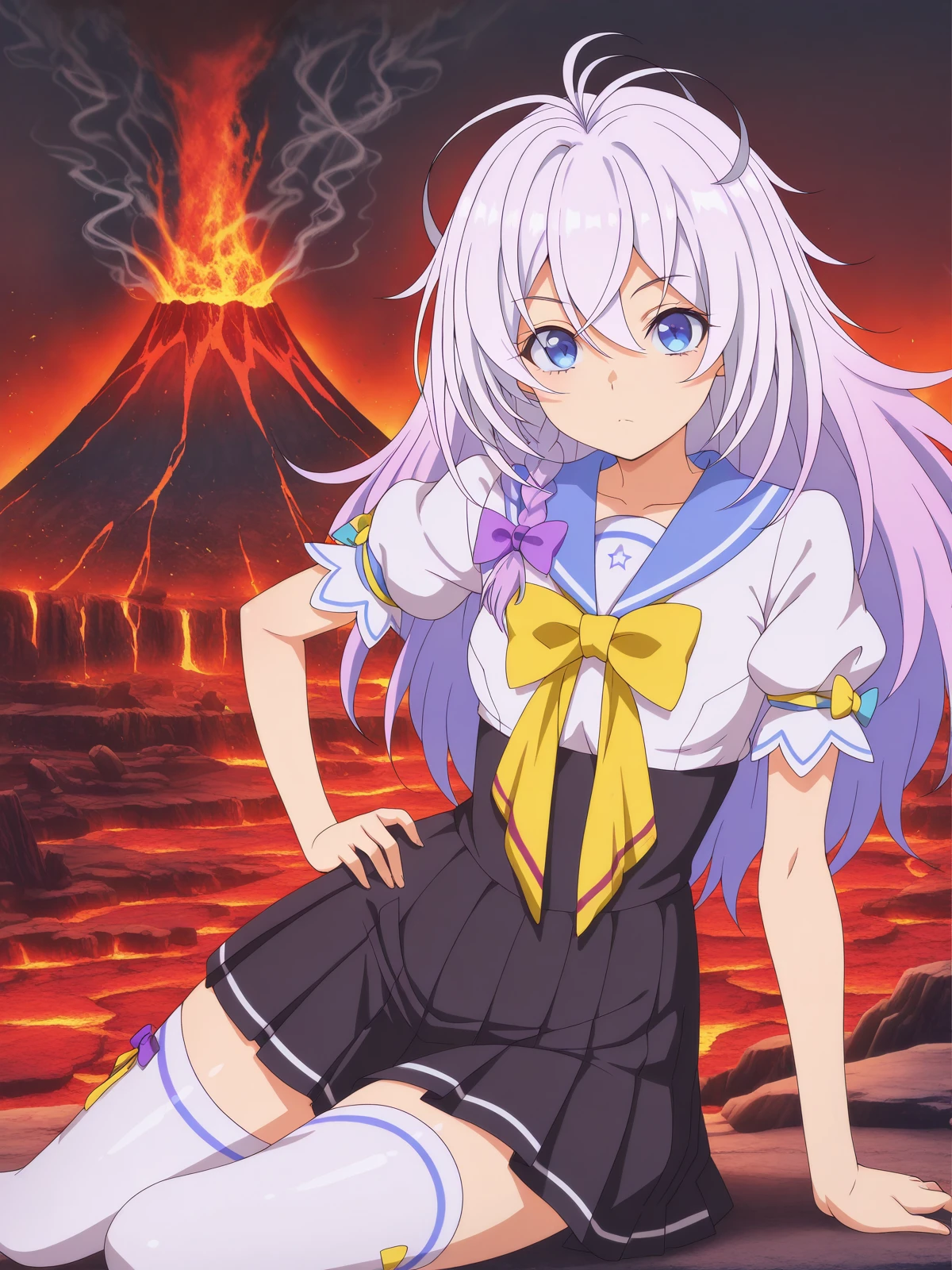 masterpiece, best quality, amazing quality,, <lora:niberune-s1-illustriousxl-lora-nochekaiser:1>, niberune, long hair, blue eyes, hair between eyes, white hair, grey hair, braid, hair bow, antenna hair, side braid, purple bow, gradient hair, mature female, small breasts, anime screencap, skirt, dress, bow, ribbon, short sleeves, pleated skirt, puffy sleeves, sailor collar, white dress, puffy short sleeves, yellow bow, yellow bowtie, black skirt, pleated skirt, high-waist skirt, thighhighs, white thighhighs,, <lora:princess-leia-pose-illustriousxl-lora-nochekaiser:1>, princess leia pose, sitting, hand on own hip, on side,, volcano, lava, rock, fire, smoke, cowboy shot, solo, looking at viewer,