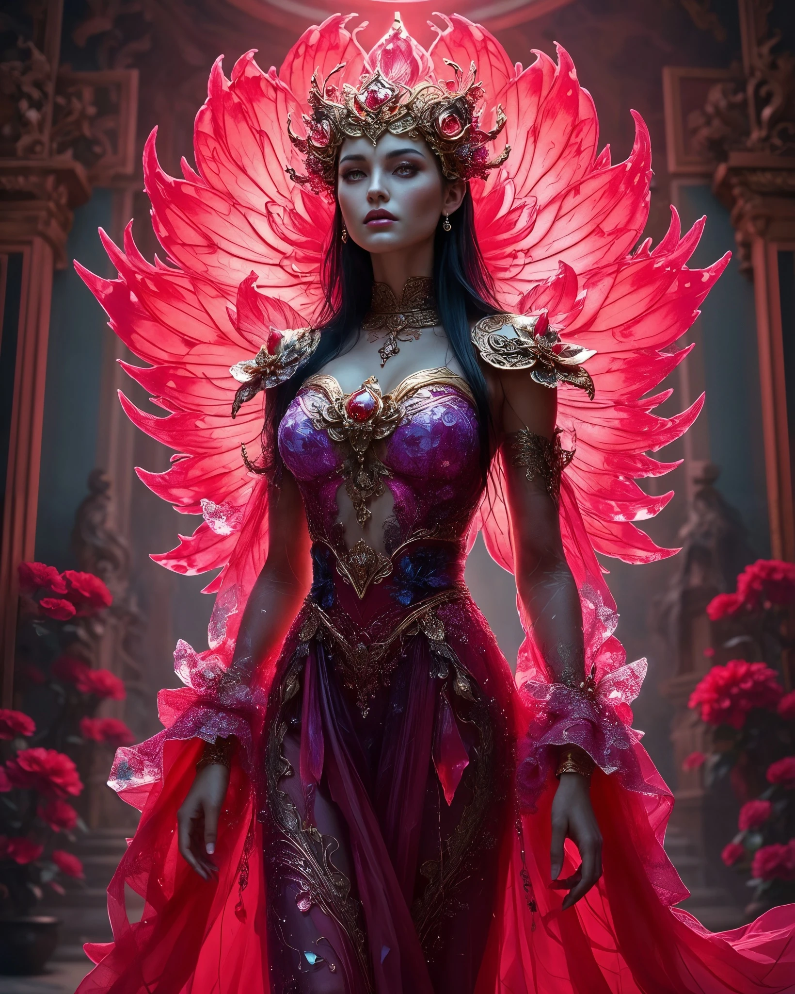 Young woman, 20s, East Asian features, wearing elaborate, ornate, flowing gown. Deep crimson-pink, shimmering, with gold embroidery and accents. Dress features intricate patterns, sparkling embellishments. Long sleeves and a dramatic train. Large, translucent, fiery red feathered wings adorn her back and shoulders. Gold crown with embedded gems and jewels. Dark, straight, long hair. Serious, intense expression. Focused gaze, slightly downward. Standing pose, confident and regal, with a hint of vulnerability. Dark, dramatic lighting, soft, warm hues. A grand, ornate, palace-like interior, with shadows, and antique-style architecture. Red roses are in the background. Detailed textures throughout the garments and the wings. Fine fabrics, shimmering gemstones, and intricate patterns. The style is fantasy, dramatic, and royal. Focus on rich details and lighting effects. Cinematic, epic style. Full-body shot, slightly low-angle perspective. Photorealistic rendering.