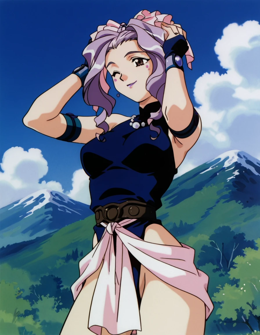 detailed background, detailed face, retro style, masterpiece, best quality, amazing quality, very aesthetic, absurdres, highres, ultra-detailed, anime coloring, close up, from below, <lora:Miz_Mishtal_-_El-Hazard_The_Magnificent_World:1>, 1girl, solo, standing, backwards, hands on head, Miz Mishtal, purple wavy hair, medium length, side parted bangs, large loose curls, pink floral headband, ligth brown eyes, purple lips, two Pink points make up under the eyes, earrings, Pearl necklace, large breast, bluish-purple sleeveless high-neck top, open sides revealing waist, brown armor belt, butt, perfect butt, crotch peak, hite cloth tied at the waist, blue and violet arm guard, black and blue fingerless glove on right hand, blue and violet wristband with lilac gems, looking back, winking smile, mountain background, sky, outdoors, day time
