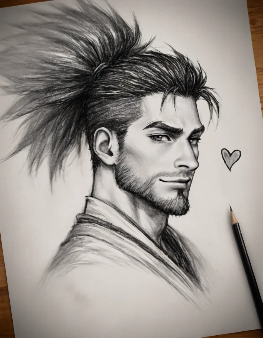 <lora:illustriousXLv01_stabilizer_v1.198_1:0.3><lora:noobai_ep10_stabilizer_v0.251_1_fp16:0.3><lora:illustriousXLv01_stable_dark_v0.3:0.2><lora:illus01_style_collection_elpe_v0.22:0.2>A black and white pencil drawing on paper,on wooden tabletop,yasuo \(league of legends\),handsome cool man,portrait,from side,light smile,shadow,vignetting,looking at viewer,heart,[:masterpiece:0.2],