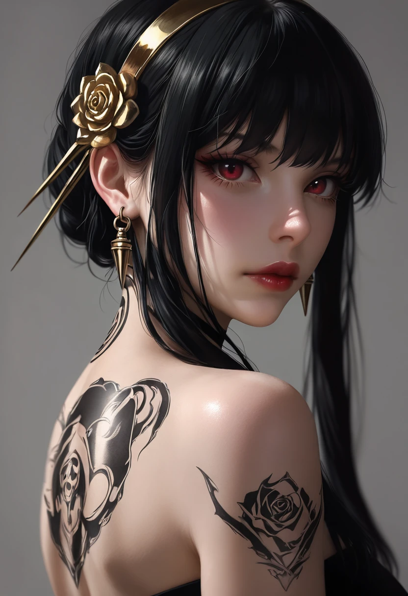masterpiece, best quality, amazing quality, high resolution, ultra detailed, perfect details, realistic, photorealistic, BSS_AES, very aesthetic, sensitive, 1girl, solo, long hair, looking at viewer, black hair, hair ornament, red eyes, closed mouth, jewelry, shoulders, sidelocks, earrings, looking back, grey background, , blurry, eyelashes, lips, tattoo, blurry background, makeup, depth of field, portrait, lipstick, close-up, nose, realistic, red lips, shoulder tattoo, gold earrings, back tattoo, yor briar