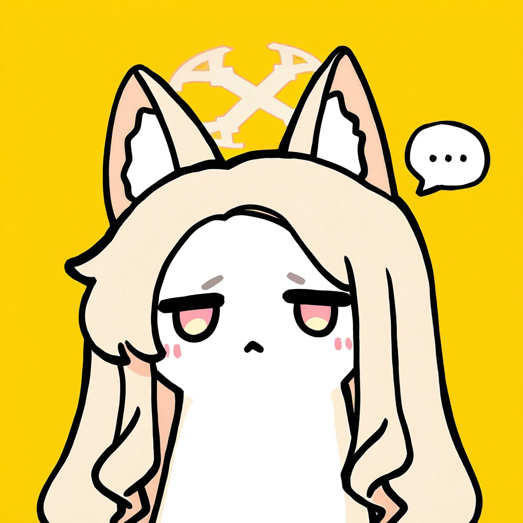 (very awa, masterpiece, best quality), year 2024, newest, recent, highres, absurdres, animalization, no-paw, upper body, looking at viewer, 1girl, seia \(blue archive\), cross halo, yellow halo, long hair, blonde hair, sidelocks, fox ears, animal ear fluff, frown, jitome, two-tone eyes, yellow eyes, pink eyes, :<, blonde-white skin, shared speech bubble, ..., yellow background