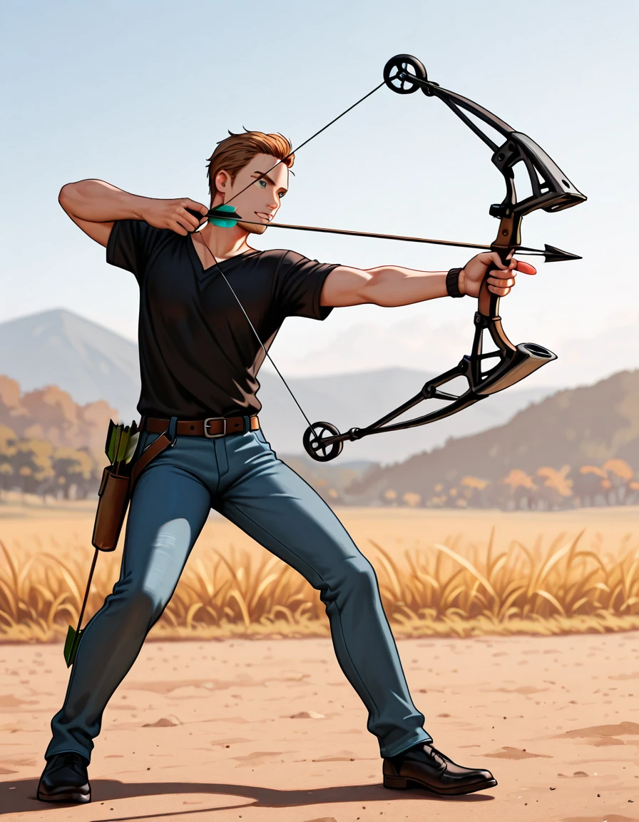 <lora:Better Bows v2_epoch_10:1>, bow, compound bow, arrow, drawn, aiming, holding, dynamic pose, 1boy, solo, outside,