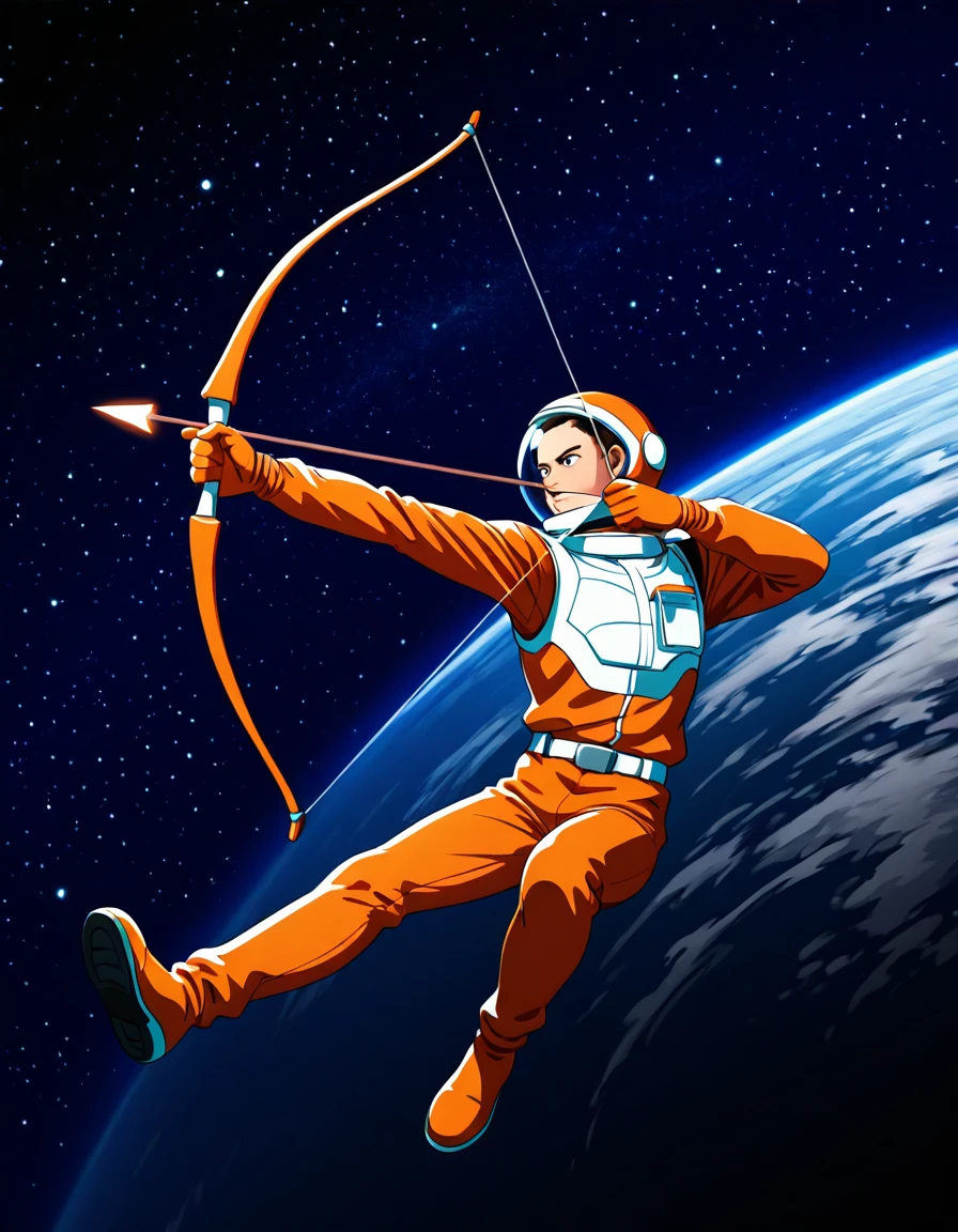 <lora:Better Bows v2_epoch_10:1>, bow, simple bow, arrow, drawn, aiming, holding, dynamic pose, 1boy, solo, floating in space, spacesuit, orange spacesuit, starry background, galaxy, plant, planet horizon,
