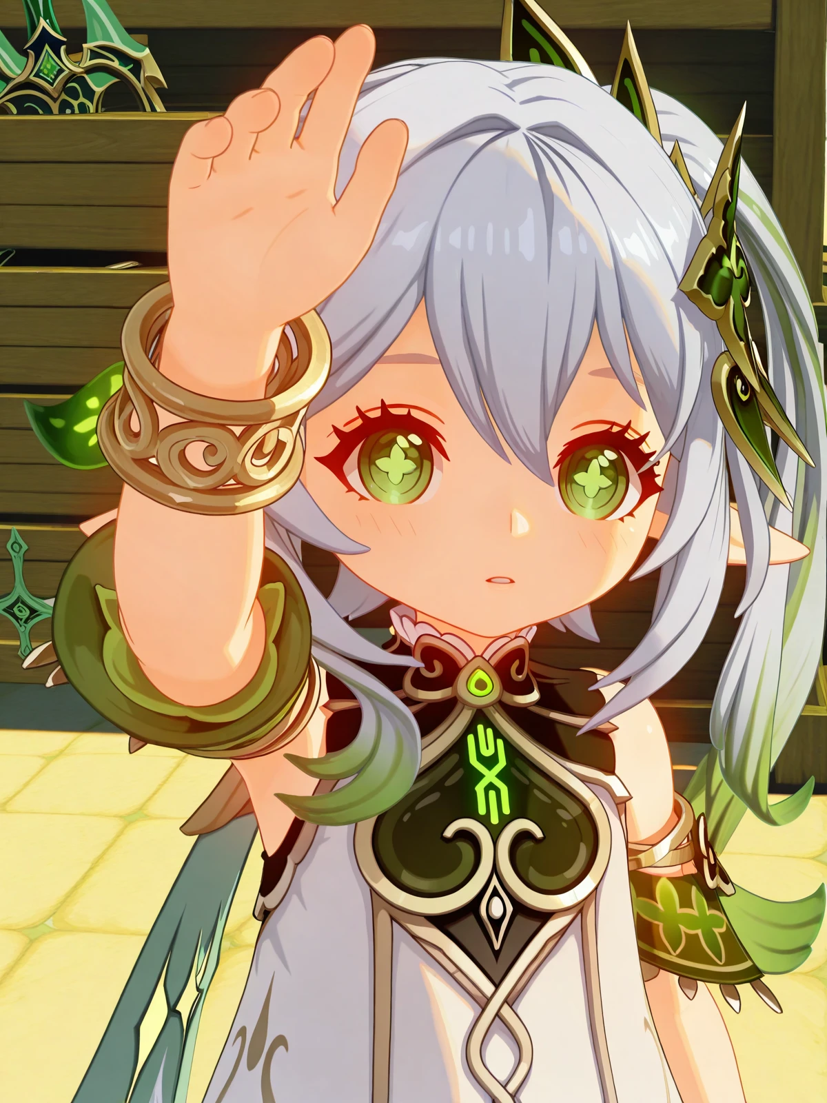 masterpiece, best quality, amazing quality,, <lora:genshin-nahida-ingame-illustriousxl-lora-nochekaiser:1>, nahida, nahida (genshin impact), long hair, hair ornament, hair between eyes, green eyes, white hair, grey hair, multicolored hair, green hair, pointy ears, side ponytail, symbol-shaped pupils, gradient hair, 3d, dress, jewelry, detached sleeves, white dress, cape, bracelet, toeless legwear, stirrup legwear, toeless footwear, <lora:incoming-headpat-illustriousxl-lora-nochekaiser:1>, incoming headpat, headpat, pov, outstretched arm, reaching, reaching towards viewer, looking at viewer, parted lips, blush, upper body, armory, weapons, armor, storage_racks, military, cowboy shot, solo, looking at viewer,