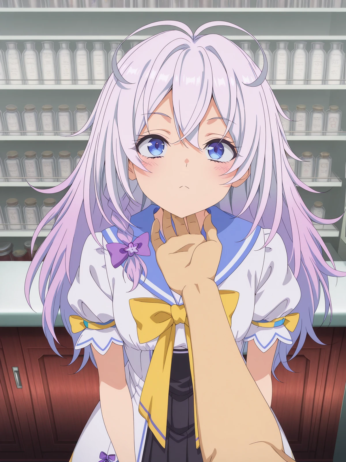 masterpiece, best quality, amazing quality,, <lora:niberune-s1-illustriousxl-lora-nochekaiser:1>, niberune, long hair, blue eyes, hair between eyes, white hair, grey hair, braid, hair bow, antenna hair, side braid, purple bow, gradient hair, mature female, small breasts, anime screencap, skirt, dress, bow, ribbon, short sleeves, pleated skirt, puffy sleeves, sailor collar, white dress, puffy short sleeves, yellow bow, yellow bowtie, black skirt, pleated skirt, high-waist skirt, thighhighs, white thighhighs,, <lora:stroking-anothers-chin-pov-illustriousxl-lora-nochekaiser:1>, stroking another's chin pov, stronking another's chin, pov, pov hands, blush, upper body, pharmacy, medicine, shelves, counter, health, cowboy shot, solo, looking at viewer,