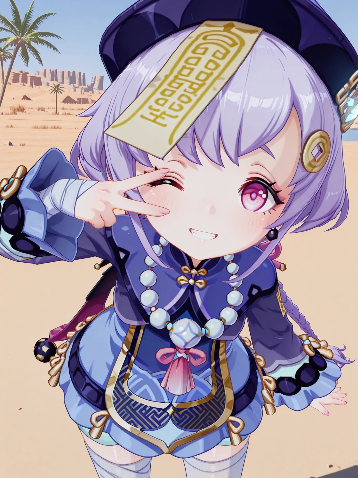 masterpiece, best quality, amazing quality,, <lora:genshin-qiqi-ingame-illustriousxl-lora-nochekaiser:1>, qiqi, qiqi (genshin impact), long hair, hair ornament, purple eyes, braid, purple hair, earrings, pink eyes, single braid, braided ponytail, jiangshi, coin hair ornament, 3d, long sleeves, dress, thighhighs, hat, jewelry, shorts, wide sleeves, necklace, white thighhighs, blue dress, bandages, beads, ofuda, purple headwear, bandaged leg, bead necklace, qingdai guanmao,, <lora:gyaru-v-illustriousxl-lora-nochekaiser:1>, gyaruv, solo, looking at viewer, blush, smile, standing, one eye closed, grin, leaning forward, v over eye,, oasis, water, palm_trees, desert, life, cowboy shot, solo, looking at viewer,