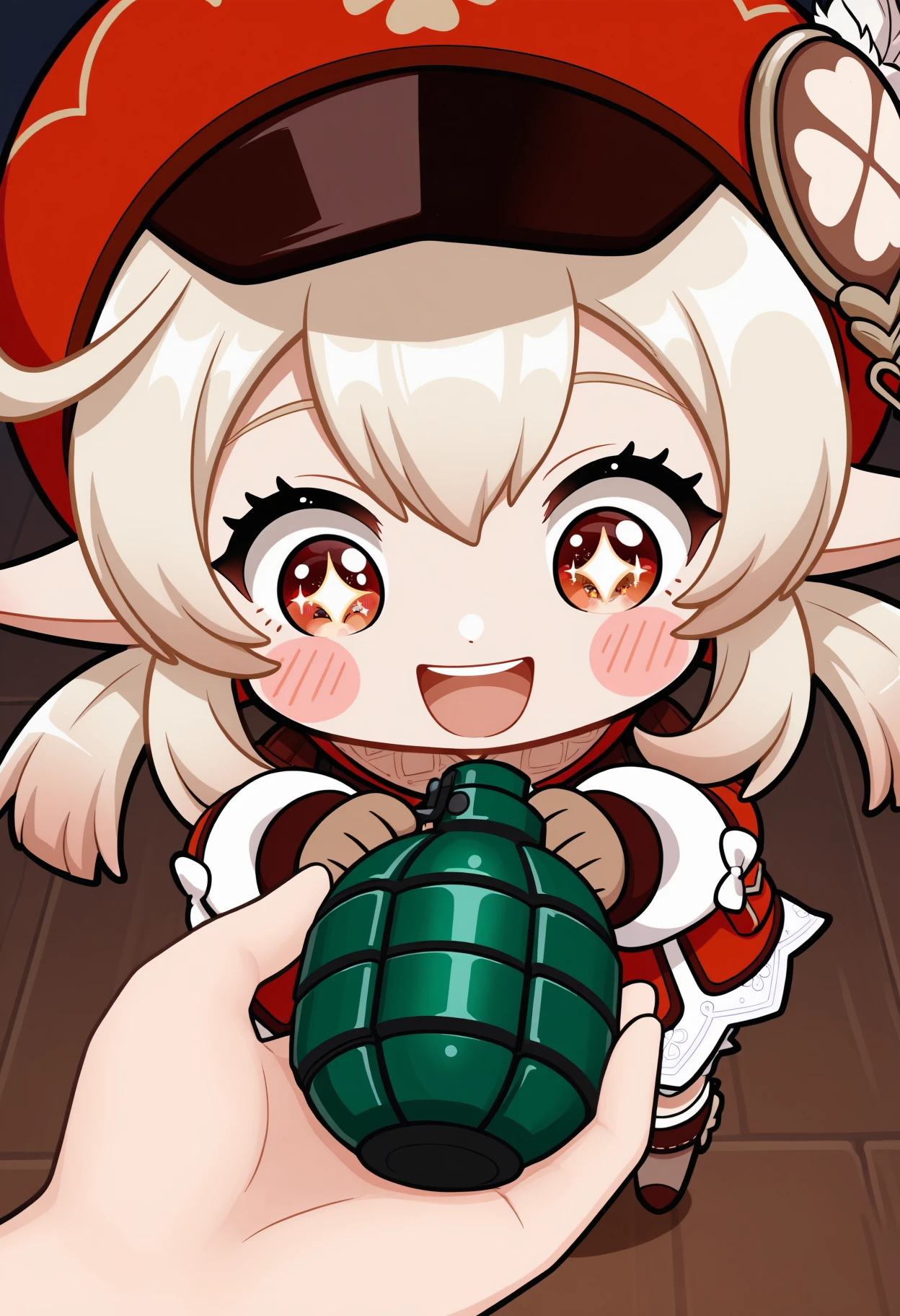 solo focus, 1other, 1girl, chibi, blush stickers, <lora:go_do_a_crime-000005:1>, klee \(genshin impact\), grenade, looking down, sparkling eyes, open mouth, smile