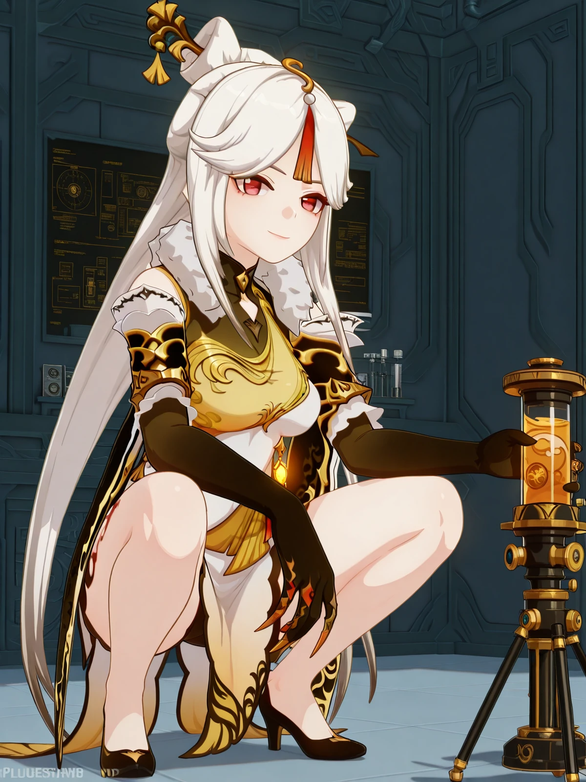 masterpiece, best quality, amazing quality,, <lora:genshin-ningguang-ingame-illustriousxl-lora-nochekaiser:1>, ningguang, ningguang (genshin impact), grey hair, hair ornament, hairpin, long hair, parted bangs, red eyes, sidelocks, streaked hair, red hair, mature female, breasts, 3d, bare shoulders, black gloves, chinese clothes, claw ring, detached sleeves, dress, elbow gloves, frilled sleeves, frills, fur collar, gloves, jewelry, pelvic curtain, sleeveless, sleeveless dress, white dress,, <lora:slav-squatting-illustriousxl-lora-nochekaiser:1>, slav squatting, solo, looking at viewer, smile, gloves, holding, full body, squatting, looking at viewer, laboratory, beakers, microscope, scientist, experiments, cowboy shot, solo, looking at viewer,