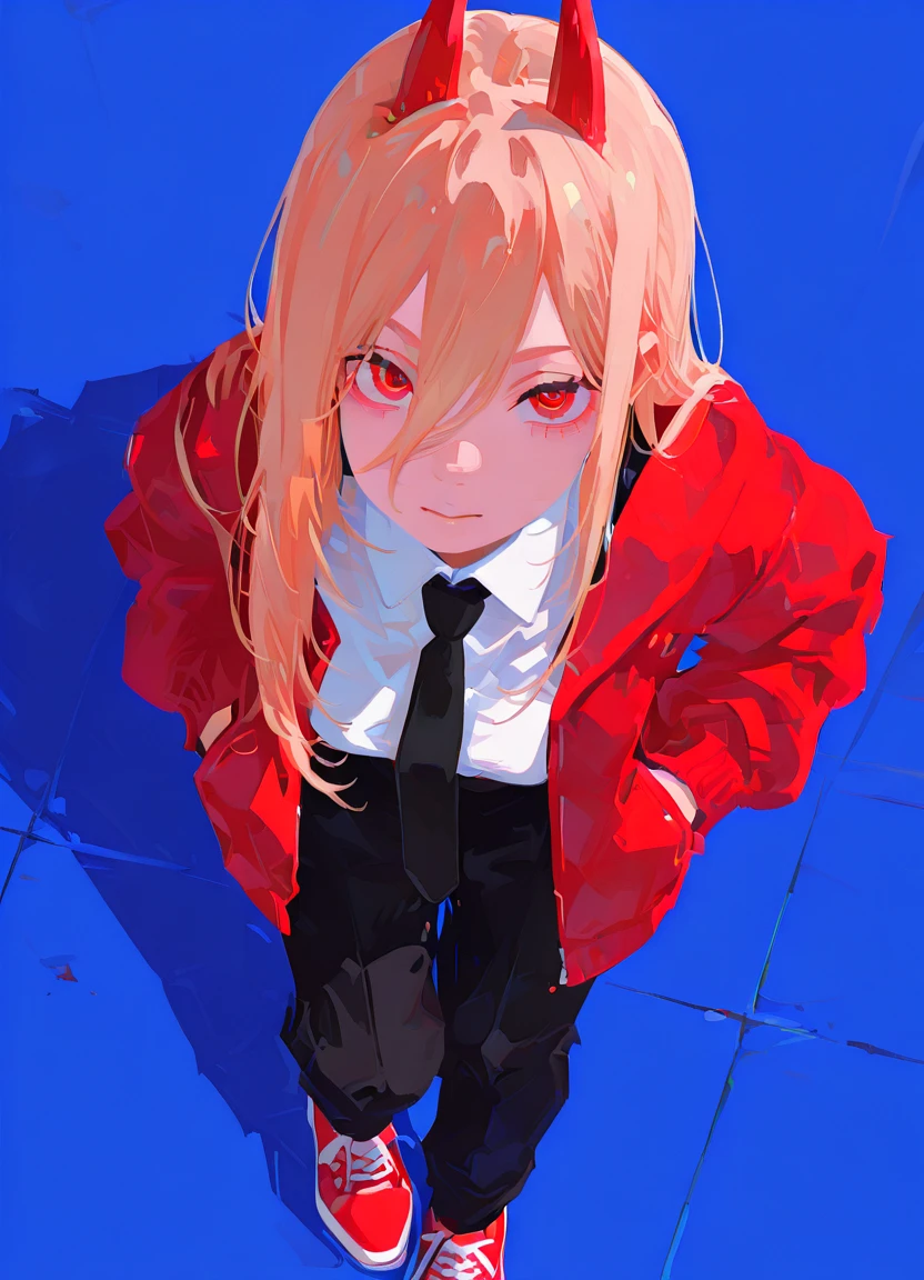 1girl, black necktie, necktie, solo, long hair, horns, red eyes, shirt, jacket, white shirt, pants, black pants, red footwear, collared shirt, shoes, blonde hair, blue background, simple background, power \(chainsaw man\), hands in pockets, facing viewer, looking at viewer, ringed eyes, leaning forward, close-up, red jacket, from above, upturned eyes, newest, high resolution, amazing quality, best quality, good lighting, very aesthetic, very awa, complex background, detailed eyes, detailed