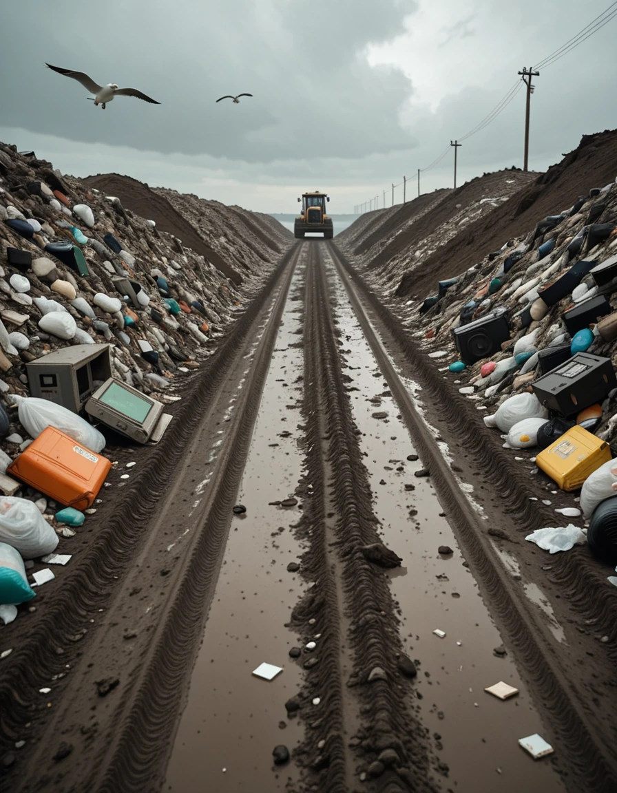 A wide, desolate landscape of a public landfill stretching across the horizon under a cloudy gray sky. Piles of mixed garbageâplastic bags, broken furniture, rusted metal, old electronics, and decaying organic wasteâare scattered in uneven mounds. Seagulls circle overhead while stray dogs rummage through the debris. In the distance, a bulldozer pushes trash into larger heaps, and a faint haze rises from decomposing matter. The ground is muddy and littered with fragments, creating a chaotic, grim atmosphere. No people are present.public l4ndf1ll, <lora:public_l4ndf1llv2-i:1>, Masterpiece,best quality,hi res,8k,hi res,8k,award winning,(sharp focus, intricate, highly detailed),