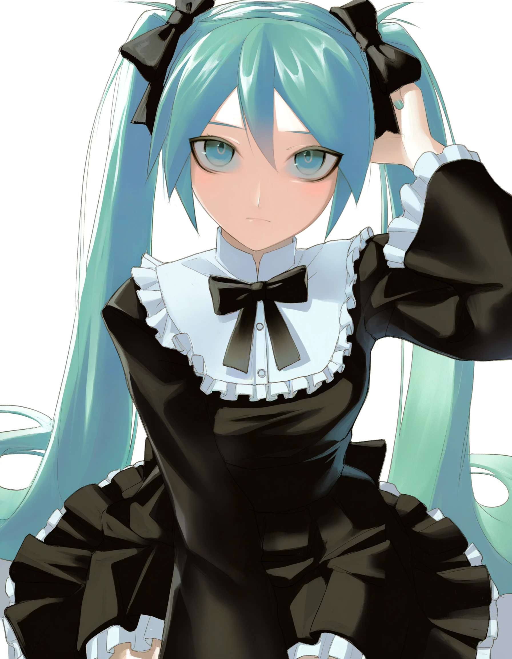 masterpiece, best quality, highres, very awa, very aesthetic, vinne, <break> 1girl, hatsune miku, (black dress, high collar:1.3), wide sleeves, black bow, arm up, sitting, white background, light frown, cowboy shot, straight-on, adjusting hair