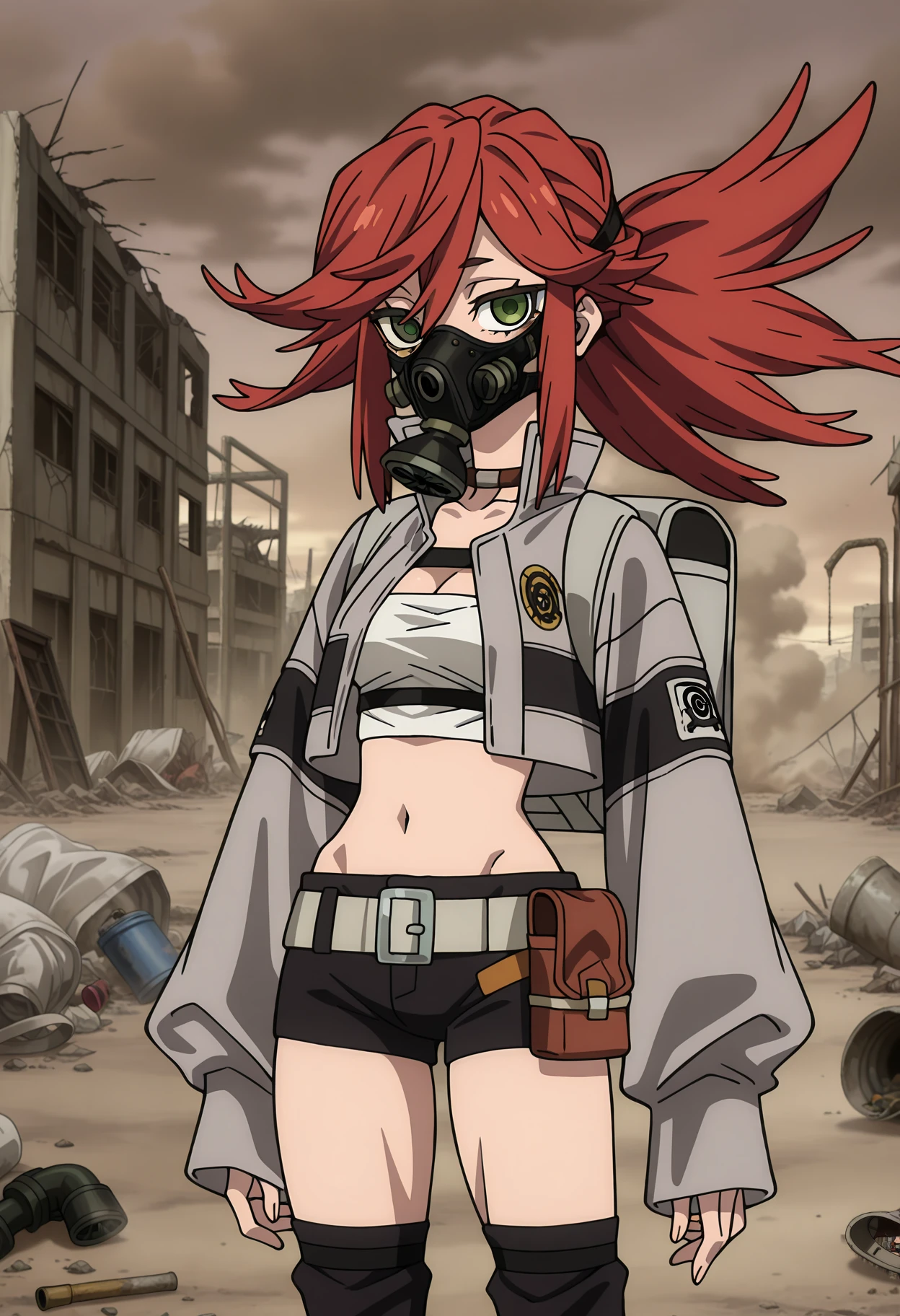anime screencap, masterpiece, best quality,
1girl, solo, expressionless,
ponytail, spiked hair, long hair, red hair, green eyes, gas mask,
brown choker, cropped jacket, grey jacket, white tube top, cleavage, small breasts,
backpack, long sleeves, sleeves past wrists, armband, midriff, navel,
grey belt, short shorts, black shorts, belt pouch, black thighhighs,
standing, looking at viewer, cowboy shot, long legs,
outdoors, grey background, brown sky, smell, poison, dust cloud, ruins, trash, photo background, blurry background
<lora:Gachiakuta_RiyouReaper_IlluXL:0.9>