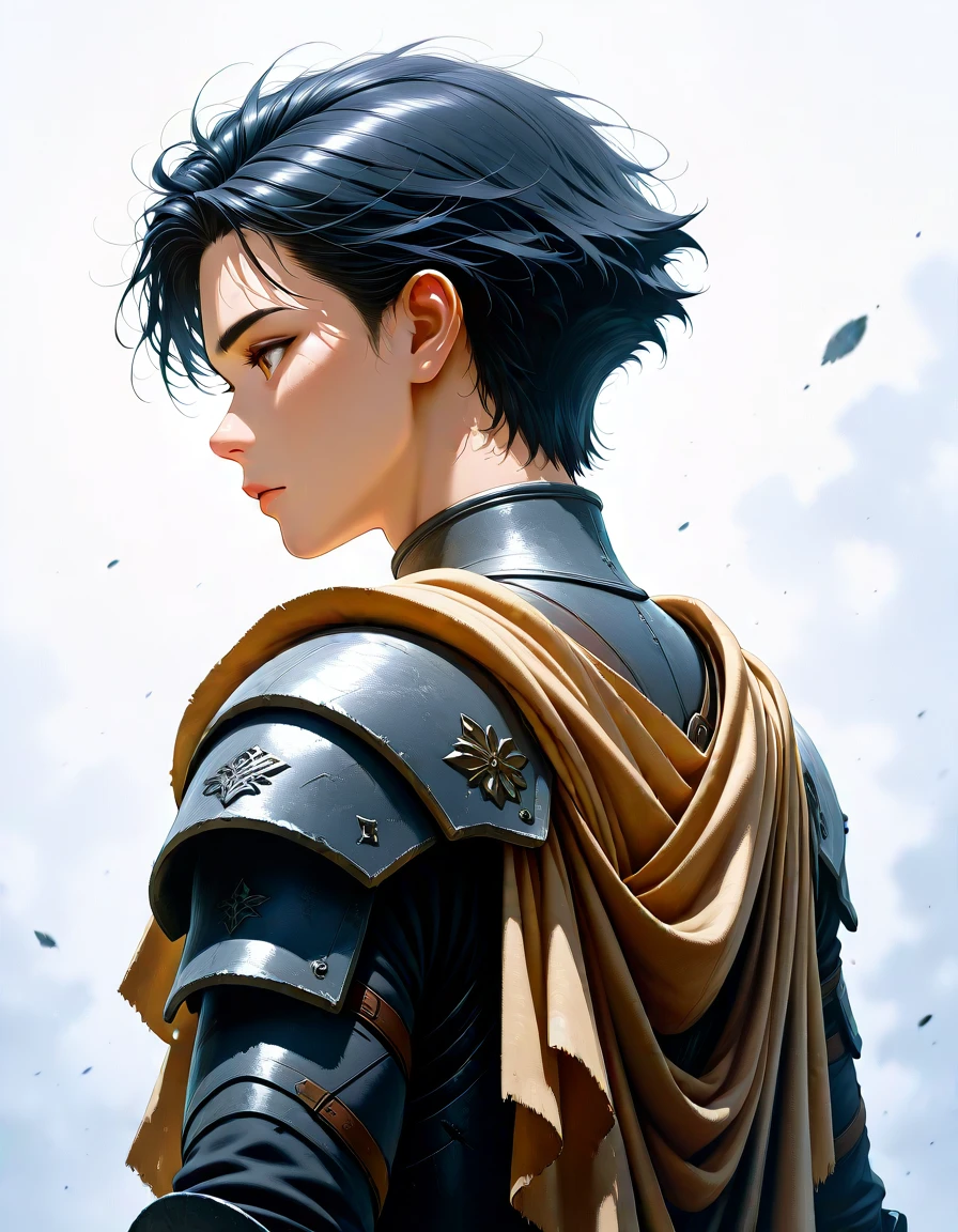 masterpiece, best_quality, very_aesthetic, highres, absurdres, ultra detailed,
, textured hair, amber eyes, 
<lora:negXL:0.5>
 <lora:Watercolor_fantasy_IL_MIX:1> watercolor, traditional media, painting \(medium\),, blue eye, Bronze short hair (Plate armor),An armor made of metal plates covering the body  Cozy Cashmere Shawl Pin, portrait,from behind, , gradient background, , blurry foreground, ,depth of field