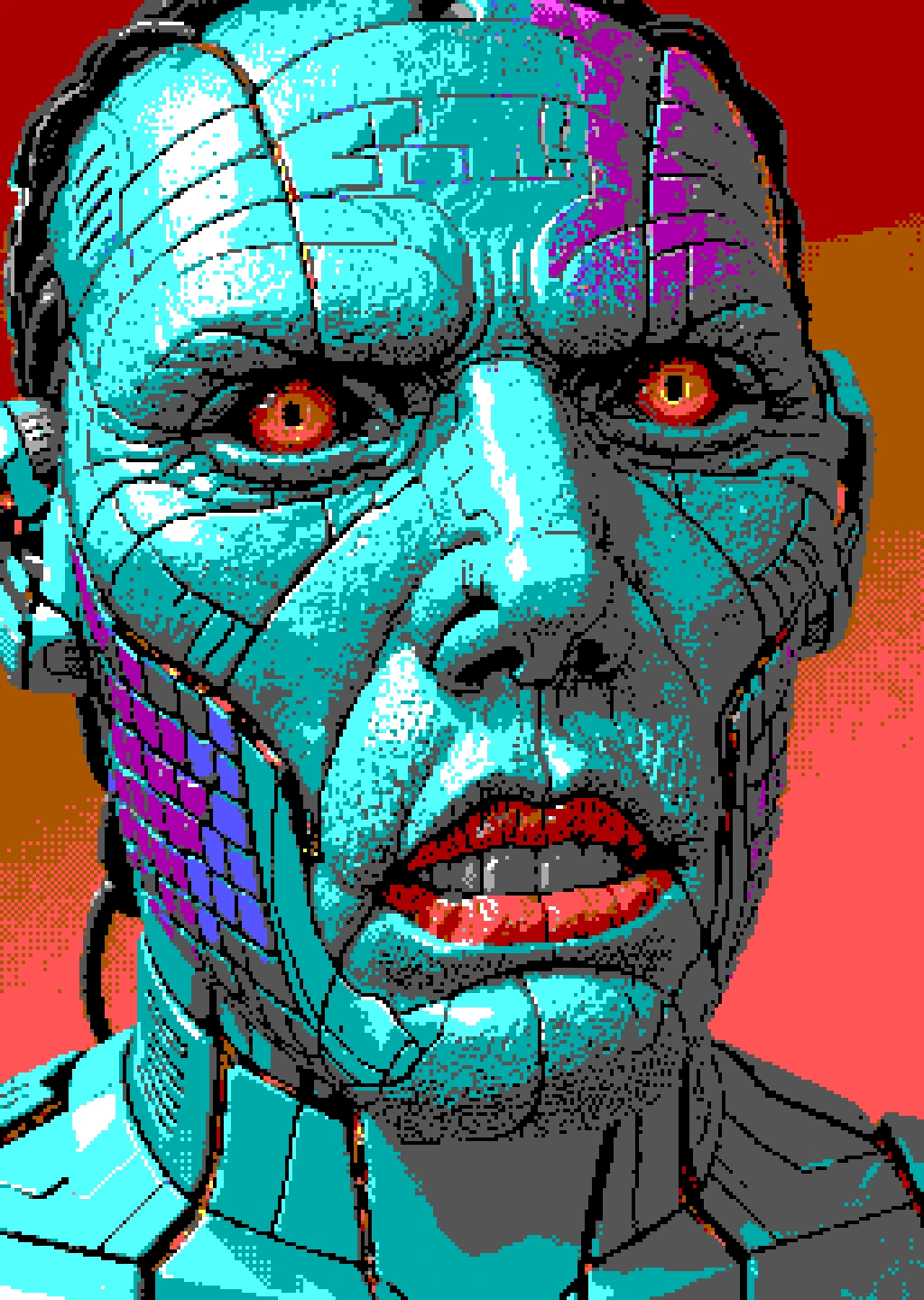 <lora:dosega-il:1> restricted palette, flat colors, 1boy, android, close-up, grimace, aqua skin,, best quality, high quality, masterpiece,