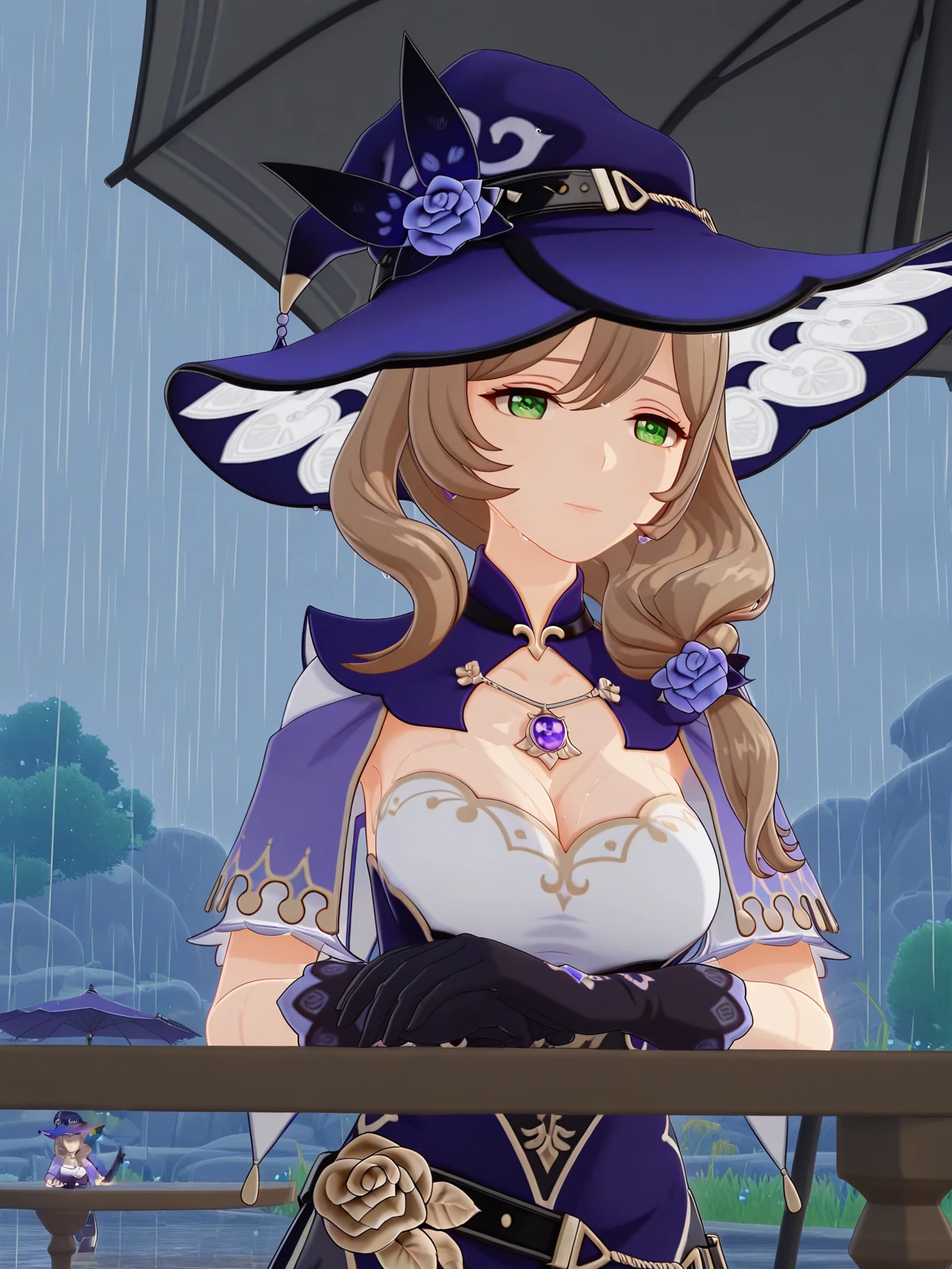 masterpiece, best quality, amazing quality,, <lora:genshin-lisa-minci-ingame-illustriousxl-lora-nochekaiser:1>, lisa minci, lisa (genshin impact), brown hair, green eyes, long hair, low tied hair, mature female, breasts, 3d, belt, capelet, cleavage, gloves, hat, hat belt, jewelry, necklace, pendant, purple capelet, purple headwear, vision (genshin impact), witch, witch hat, sitting, elbow rest, table,, rainy day, umbrella, walking home, puddles, wet hair, cowboy shot, solo, looking at viewer,