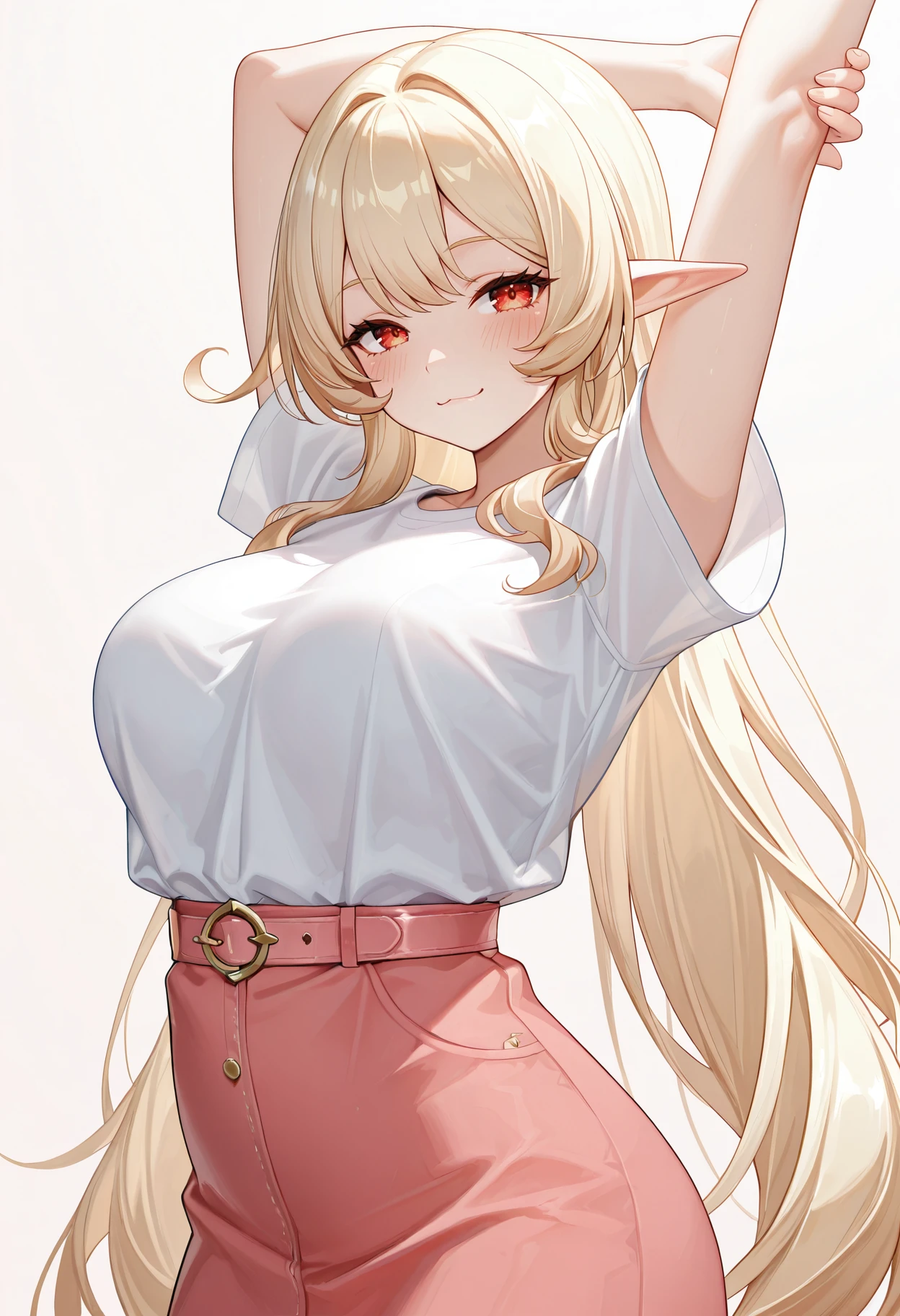 ((Highest quality, High resolution, masterpiece, detailed)), 1 girl, Faint lighting, Anatomically correct, woman, Perfect Face, Cute and symmetrical face, Elf Ears, Beautiful blonde Hair, Beautiful Face, Beautiful Eyes, Beautiful body, Beautiful huge voluptuous breasts, Beautiful belly button, Beautiful waistline, Beautiful thighs, Beautiful legs, (Long Hair, Platinum Blonde Hair), (cute Smile), Sexy pose, (small jeans shorts), (white tank top), (big cleavage), (Beautiful views), Fantastic World,