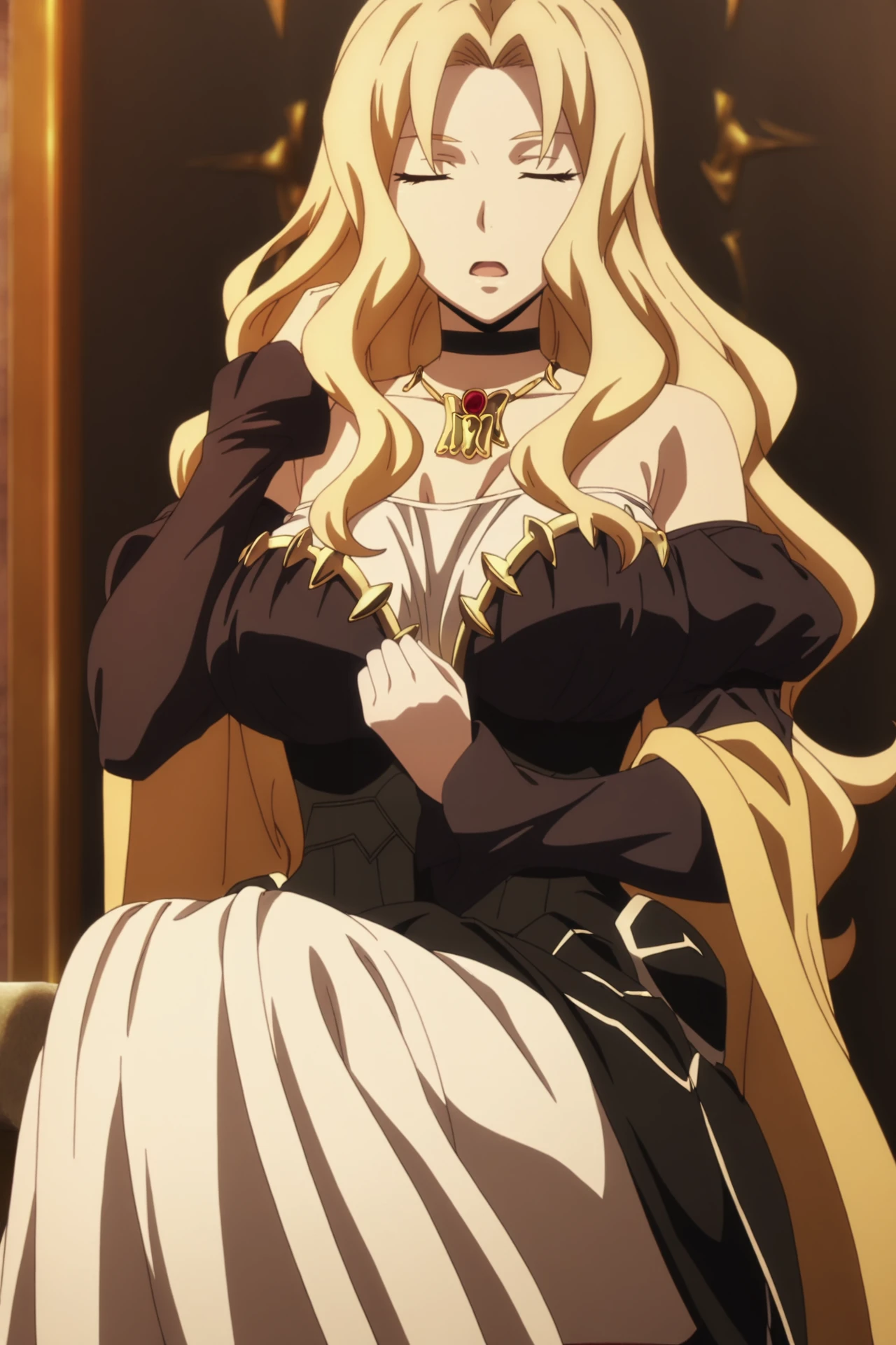 source_anime, anime coloring, masterpiece, looking at viewer, 
 <lora:Marrine_Kreische-10:1>1girl, black choker, blonde hair, blue eyes, choker, closed eyes, crossed legs, detached sleeves, dress, large breasts, long hair, long sleeves, marrine_kreische, necklace, off-shoulder dress, open mouth, solo, yellow cape