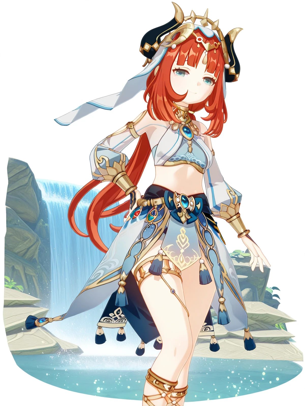 masterpiece, best quality, amazing quality,, <lora:genshin-nilou-ingame-illustriousxl-lora-nochekaiser:1>, nilou, nilou (genshin impact), red hair, twintails, blue eyes, long hair, very long hair, mature female, medium breasts, 3d, blue skirt, bracer, circlet, crop top, dancer, detached sleeves, fake horns, gladiator sandals, gold footwear, gold trim, horns, jewelry, long sleeves, neck ring, puffy long sleeves, puffy sleeves, sandals, skirt, thighlet, thighs, veil, white headwear, white sleeves, white veil,, smug, hand on own hip,, waterfall, water, rocks, plunge, spray, cowboy shot, solo, looking at viewer, <lora:transparent-background-illustriousxl-lora-nochekaiser:1>, transparent background, simple background, white background