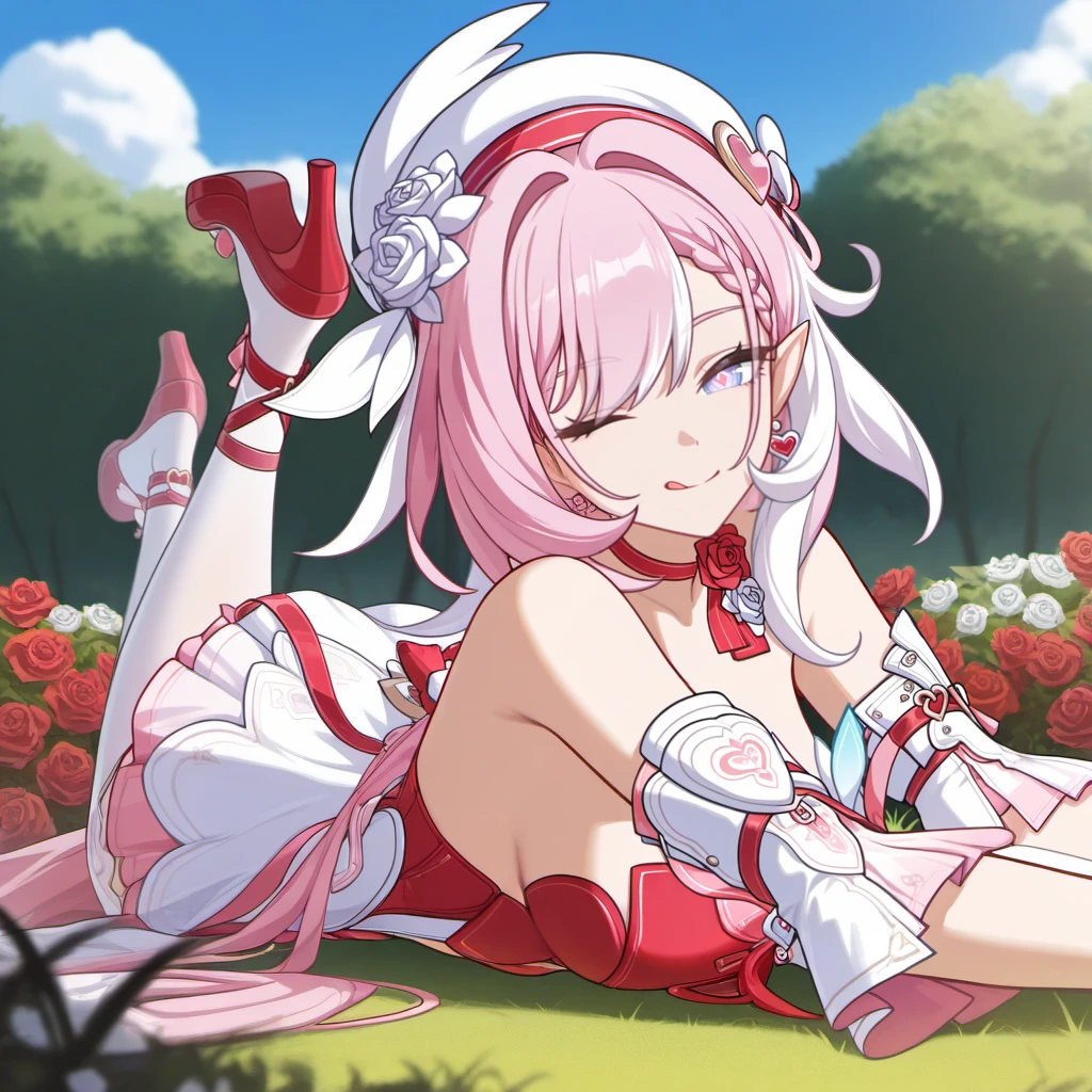 masterpiece, best quality, ultra-detailed, very aesthetic, anime coloring, anime, anime shading, detailed background, year 2023, very aesthetic, newest, scenery, highres, 4k, absurdres, 8k, colorful,vibrant, glowing, perfect face, 2d, perfect eyes, detailed eyes, 1girl, solo, garden, day, day time, bushes, trees, sky, clouds, lying on grass, surrounded by flowers, one eye closed, wink, from side, feet up, on stomach, looking at viewer, tongue, closed mouth, seductive smile, mischievous, cute expression, full body, face focus, back, red footwear, high heels, red strap, ankle lace-up, ankle strap, ElysiaV85, elysia (honkai impact), braid, streaked hair, diamond-shaped pupils, white streaks, hair ornament, long hair, pointy ears, low ponytail, heart earrings, purple eyes, strapless dress, waist cape, cleavage, heart hair ornament, white dress, pink skirt, frilled skirt, skirt under dress, high-low dress, white sleeves, asymmetrical thighhighs, red bustier, jewelry, heart-shaped gem, ribbon, bow, red rose, flower, red tassel, neck ribbon, single bare shoulder, detached sleeves, wide sleeves, short sleeves, rose, white rose, neck flower, white headwear, beret, white thighhighs, uneven legwear, pink bow, pink trim, white arm warmers, bare hand, red wrist ribbon,
masterpiece, best quality, ultra-detailed, very aesthetic, newest, scenery, absurdres, perfect anatomy, perfect legs, perfect face, perfect eyes, clear eyes, beautiful eyes,