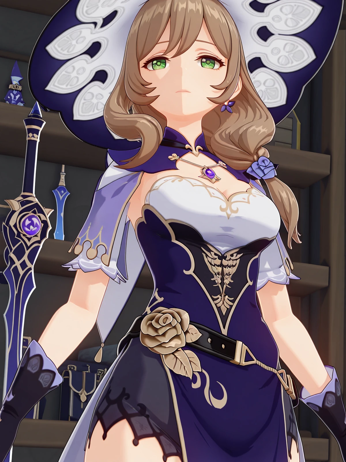 masterpiece, best quality, amazing quality,, <lora:genshin-lisa-minci-ingame-illustriousxl-lora-nochekaiser:1>, lisa minci, lisa (genshin impact), brown hair, green eyes, long hair, low tied hair, mature female, breasts, 3d, belt, capelet, cleavage, gloves, hat, hat belt, jewelry, necklace, pendant, purple capelet, purple headwear, vision (genshin impact), witch, witch hat, from below, armory, weapons, armor, storage_racks, military, cowboy shot, solo, looking at viewer,