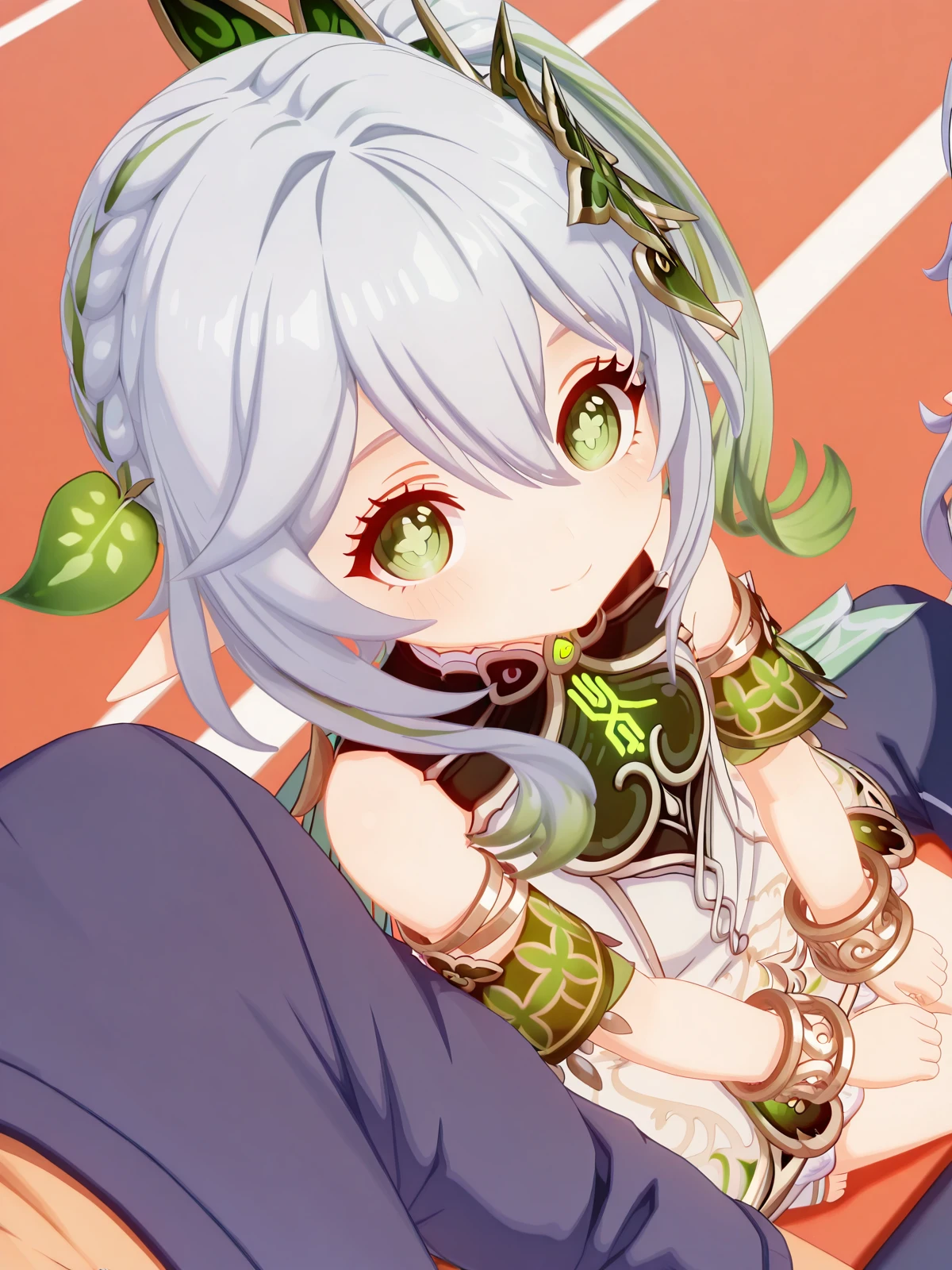 masterpiece, best quality, amazing quality,, <lora:genshin-nahida-ingame-illustriousxl-lora-nochekaiser:1>, nahida, nahida (genshin impact), long hair, hair ornament, hair between eyes, green eyes, white hair, grey hair, multicolored hair, green hair, pointy ears, side ponytail, symbol-shaped pupils, gradient hair, 3d, dress, jewelry, detached sleeves, white dress, cape, bracelet, toeless legwear, stirrup legwear, toeless footwear, <lora:side-by-side-pov-illustriousxl-lora-nochekaiser:1>, side-by-side pov, side-by-side, pov, solo focus, looking at viewer, blush, smile, 1boy, sitting, pov shoulder,, running track, lanes, red, exercise, race, cowboy shot, solo, looking at viewer,