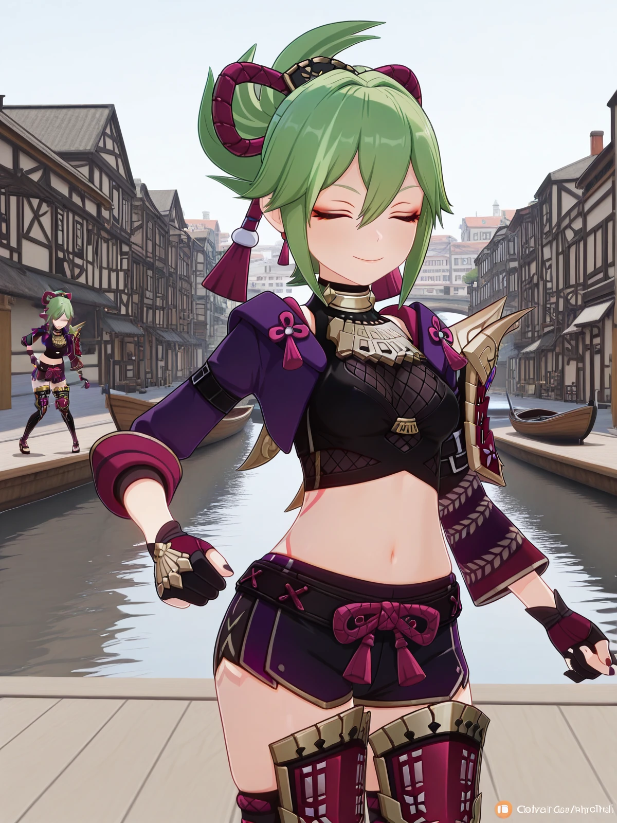 masterpiece, best quality, amazing quality,, <lora:genshin-shinobu-kuki-ingame-illustriousxl-lora-nochekaiser:1>, shinobu kuki, kuki shinobu, green hair, hair between eyes, ponytail, short hair, purple eyes, mature female, medium breasts, 3d, armor, bare shoulders, black gloves, cropped jacket, fishnet top, fishnets, gloves, gold trim, hair ornament, jacket, leg armor, midriff, off shoulder, partially fingerless gloves, purple jacket, shirt, short shorts, shorts, shoulder armor, sleeveless, sleeveless shirt,, <lora:zui-zui-dance-illustriousxl-lora-nochekaiser:1>, zui zui dance, dancing, closed eyes, smile, cowboy shot,, canal, water, boats, city, narrow, cowboy shot, solo, looking at viewer,