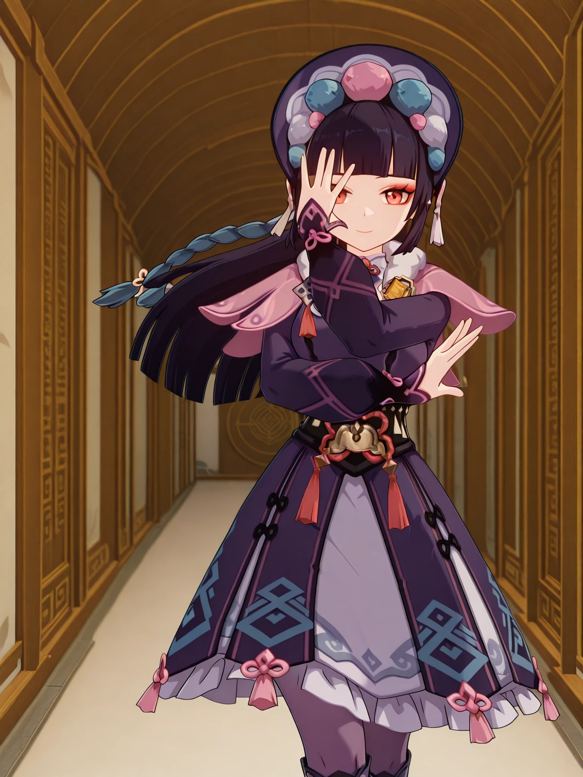 masterpiece, best quality, amazing quality,, <lora:genshin-yun-jin-ingame-illustriousxl-lora-nochekaiser:1>, yun jin, yun jin (genshin impact), black hair, blunt bangs, braid, eyeshadow, long hair, makeup, purple hair, red eyes, red eyeshadow, mature female, medium breasts, 3d, black footwear, boots, chinese clothes, fur trim, hat, knee boots, long sleeves, pantyhose, pom pom (clothes), purple pantyhose,, <lora:kars-pose-illustriousxl-lora-nochekaiser:1>, kar's pose, solo, jojo pose, hands up, straight-on, looking at viewer, smile, open hands,, tunnel, dark, underground, passage, walls, cowboy shot, solo, looking at viewer, <lora:transparent-background-illustriousxl-lora-nochekaiser:1>, transparent background, simple background, white background