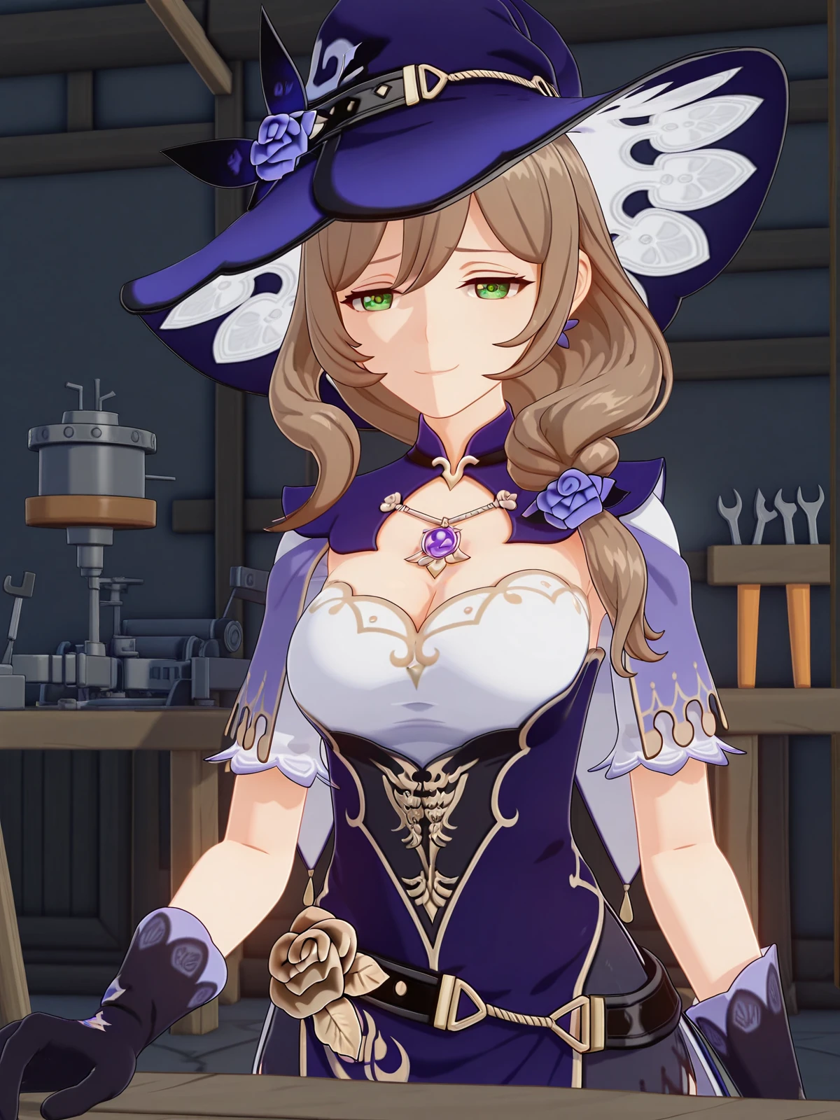 masterpiece, best quality, amazing quality,, <lora:genshin-lisa-minci-ingame-illustriousxl-lora-nochekaiser:1>, lisa minci, lisa (genshin impact), brown hair, green eyes, long hair, low tied hair, mature female, breasts, 3d, belt, capelet, cleavage, gloves, hat, hat belt, jewelry, necklace, pendant, purple capelet, purple headwear, vision (genshin impact), witch, witch hat, smug, workshop, tools, workbench, projects, machinery, cowboy shot, solo, looking at viewer,
