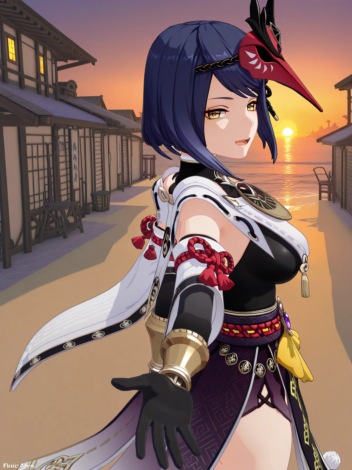 masterpiece, best quality, amazing quality,, <lora:genshin-sara-kujou-ingame-illustriousxl-lora-nochekaiser:1>, sara kujou, kujou sara, blue hair, short hair, swept bangs, yellow eyes, mature female, breasts, 3d, bird mask, gloves, leotard, bracer, detached sleeves, elbow gloves, gloves, japanese clothes, jewelry, leotard, mask, mask on head, obi, pelvic curtain, pendant, sash, sleeveless, vision (genshin impact), wide sleeves,, <lora:looking-back-reaching-towards-viewer-illustriousxl-lora-nochekaiser:1>, looking back reaching towards viewer, looking at viewer, smile, looking back, open mouth, reaching towards viewer, beach, half-closed eyes, cowboy shot, sunset, alley, narrow, urban, dark, buildings, cowboy shot, solo, looking at viewer,