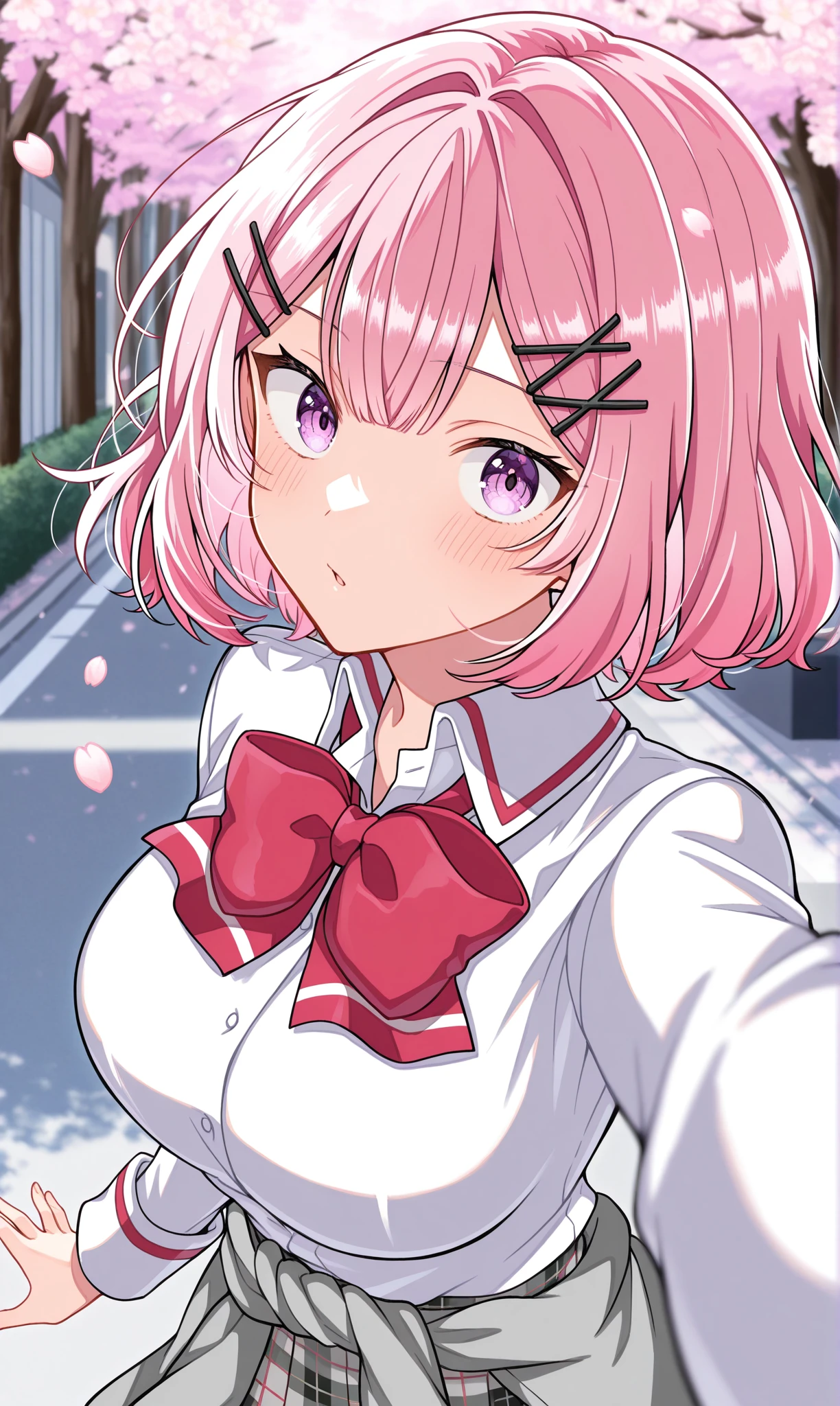 <lora:amaori_renako_illust_scarxzys:1>, amaori renako, pink hair, short hair, double-parted bangs, pink eyes, x hair ornament, ashigaya high school uniform, white shirt, collared shirt, long sleeves, red bowtie, grey cardigan, cardigan around waist, clothes around waist, grey skirt, plaid skirt, miniskirt, 1girl, solo, masterpiece, best quality, amazing quality, cherry blossoms, street, looking at viewer, close-up, reaching out, from side