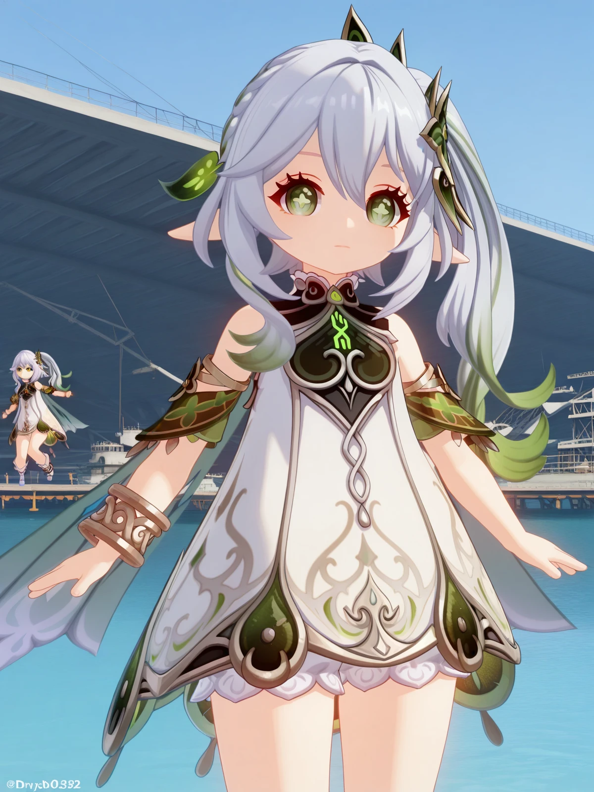 masterpiece, best quality, amazing quality,, <lora:genshin-nahida-ingame-illustriousxl-lora-nochekaiser:1>, nahida, nahida (genshin impact), long hair, hair ornament, hair between eyes, green eyes, white hair, grey hair, multicolored hair, green hair, pointy ears, side ponytail, symbol-shaped pupils, gradient hair, 3d, dress, jewelry, detached sleeves, white dress, cape, bracelet, toeless legwear, stirrup legwear, toeless footwear, <lora:dynamic-pose-illustriousxl-lora-nochekaiser:1>, dynamic pose, cowboy shot, drydock, repair, ships, water, construction, cowboy shot, solo, looking at viewer,