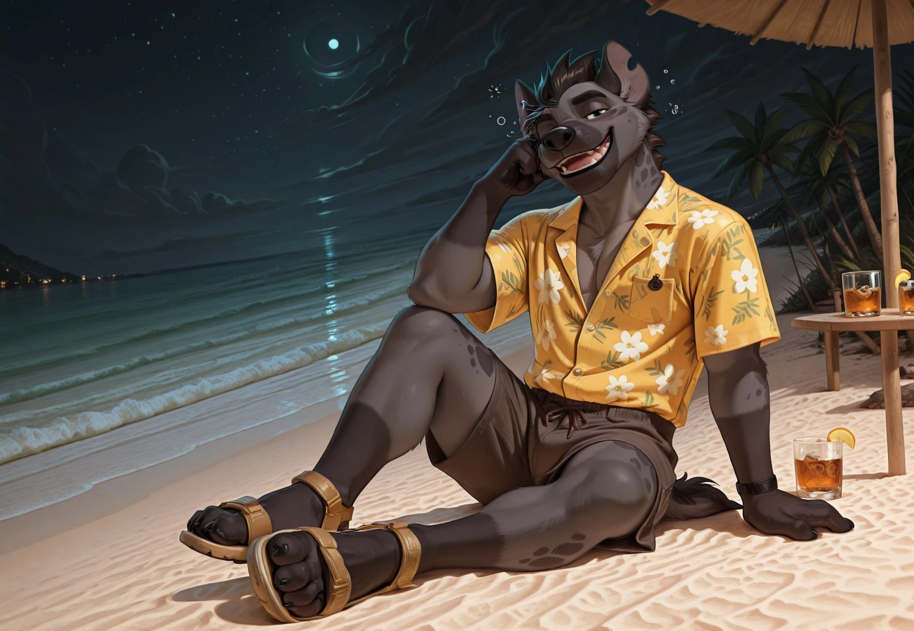 furry anthro hyena, bwu (((Barefoot furry character, full body, cinematic setting, furry male, anthro, plantigrade))), (((Janja))), bara, solo, in a (((yellow Hawaiian shirt))) with green or purple pattern, wearing shorts, leather bracelets, leather anklets, nice feet paws, feet towards the viewer, feet POV, (((brown velcro sandals))), dynamic pose, smile, drinks whiskey, (((drunk))), sleepy, sitting on beach, near beach bar, t1k1, (((night))), (((outdoors))), focus on feet paws, (((dutch angle))) BREAK, intricate details, highly detailed, extreme detail, octane render, fine art, best quality, highres, (detailed face:1.5), ((full_body)), UHD, (((perfect hands))), low light, anime