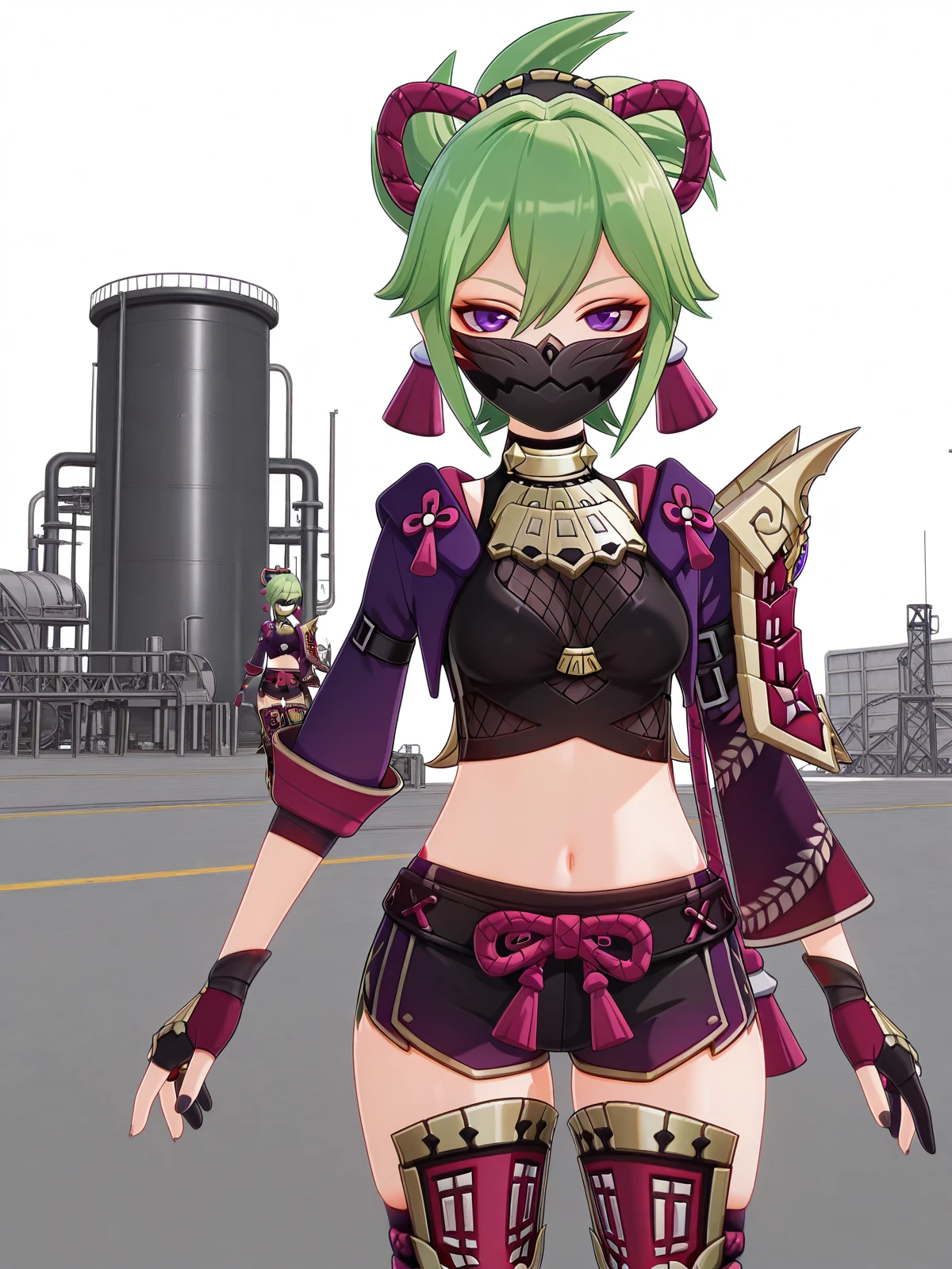 masterpiece, best quality, amazing quality,, <lora:genshin-shinobu-kuki-ingame-illustriousxl-lora-nochekaiser:1>, shinobu kuki, kuki shinobu, green hair, hair between eyes, ponytail, short hair, purple eyes, mask, black mask, ninja mask, mature female, medium breasts, 3d, armor, bare shoulders, black gloves, cropped jacket, fishnet top, fishnets, gloves, gold trim, hair ornament, jacket, leg armor, midriff, off shoulder, partially fingerless gloves, purple jacket, shirt, short shorts, shorts, shoulder armor, sleeveless, sleeveless shirt,, smile, industrial, machinery, metal, large, factory, cowboy shot, solo, looking at viewer, <lora:transparent-background-illustriousxl-lora-nochekaiser:1>, transparent background, simple background, white background