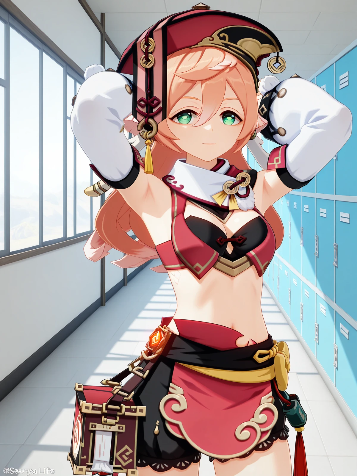masterpiece, best quality, amazing quality,, <lora:genshin-yanfei-ingame-illustriousxl-lora-nochekaiser:1>, yanfei, yanfei (genshin impact), antlers, horns, pink hair, long hair, hair between eyes, green eyes, mature female, medium breasts, 3d, black bra, black shorts, boots, bow, bra, high heels, long sleeves, midriff, navel, red headwear, red skirt, red vest, shorts, skirt, two-tone footwear, vest, yellow bow,, hands behind head,, school hallway, lockers, between classes, everyday life, cowboy shot, solo, looking at viewer,