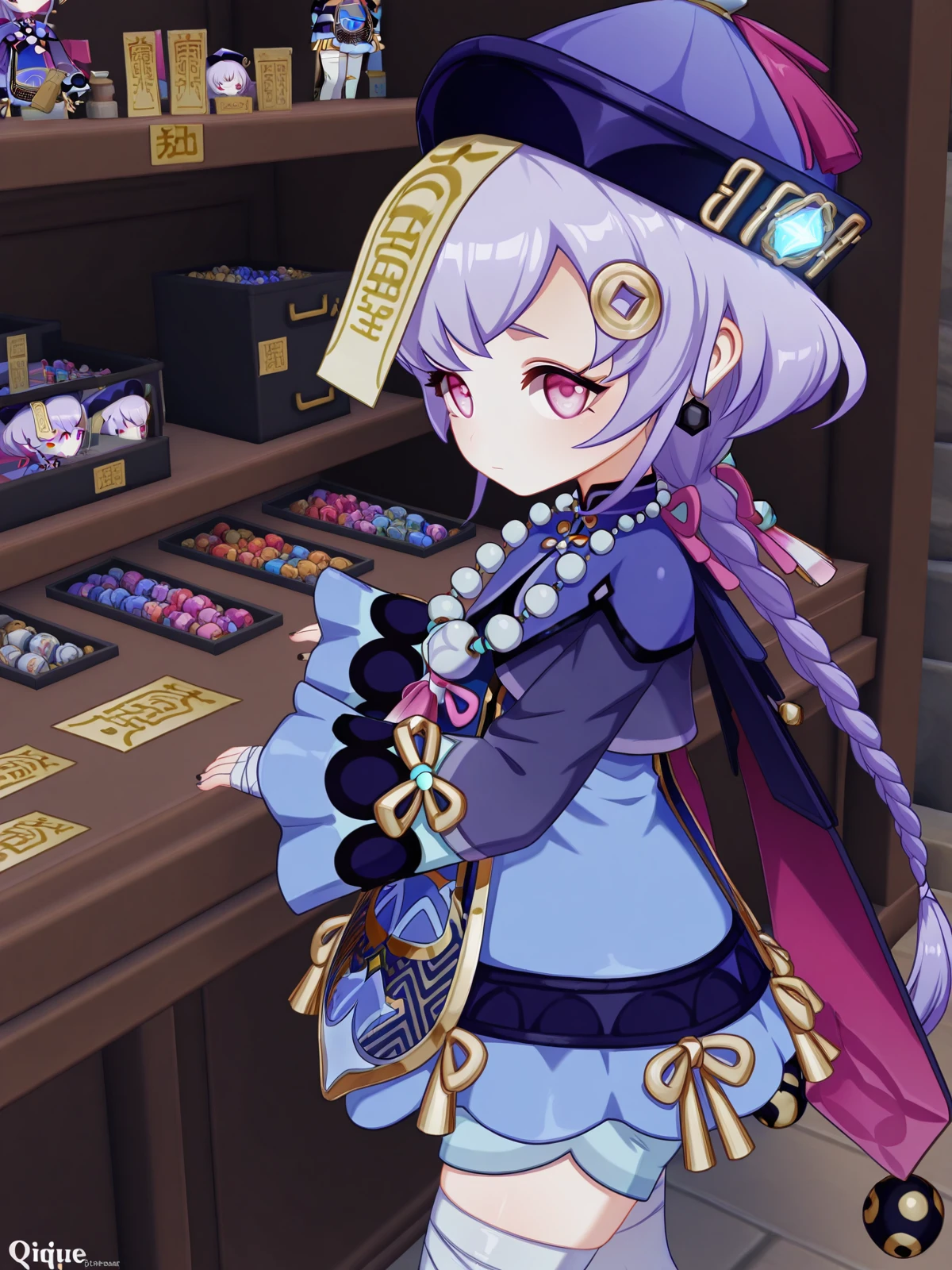 masterpiece, best quality, amazing quality,, <lora:genshin-qiqi-ingame-illustriousxl-lora-nochekaiser:1>, qiqi, qiqi (genshin impact), long hair, hair ornament, purple eyes, braid, purple hair, earrings, pink eyes, single braid, braided ponytail, jiangshi, coin hair ornament, 3d, long sleeves, dress, thighhighs, hat, jewelry, shorts, wide sleeves, necklace, white thighhighs, blue dress, bandages, beads, ofuda, purple headwear, bandaged leg, bead necklace, qingdai guanmao,, from side, sex shop, toys, privacy, items, unique, cowboy shot, solo, looking at viewer,