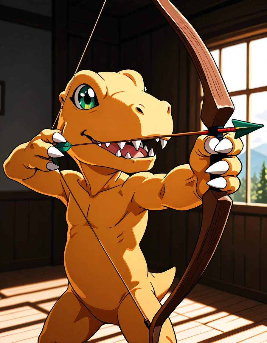 <lora:Better Bows v2_epoch_10:1>, bow, simple bow, 1boy, holding bow, arrow, drawn, aiming, Agumon, indoors,
