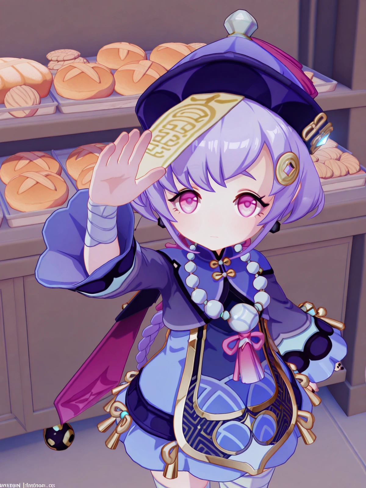masterpiece, best quality, amazing quality,, <lora:genshin-qiqi-ingame-illustriousxl-lora-nochekaiser:1>, qiqi, qiqi (genshin impact), long hair, hair ornament, purple eyes, braid, purple hair, earrings, pink eyes, single braid, braided ponytail, jiangshi, coin hair ornament, 3d, long sleeves, dress, thighhighs, hat, jewelry, shorts, wide sleeves, necklace, white thighhighs, blue dress, bandages, beads, ofuda, purple headwear, bandaged leg, bead necklace, qingdai guanmao,, <lora:incoming-headpat-illustriousxl-lora-nochekaiser:1>, incoming headpat, headpat, pov, outstretched arm, reaching, reaching towards viewer, looking at viewer, upper body, bakery, bread, pastries, sweets,, cowboy shot, solo, looking at viewer,