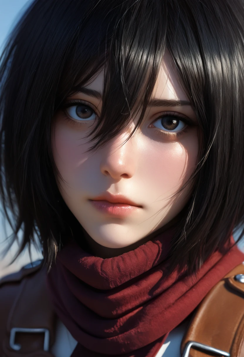 masterpiece, best quality, amazing quality, high resolution, ultra detailed, perfect details, realistic, photorealistic, BSS_AES, very aesthetic, 1girl, solo, looking at viewer, short hair, black hair, hair between eyes, closed mouth, blurry, scarf, black eyes, lips, depth of field, portrait, close-up, red scarf, eye focus, mikasa ackerman