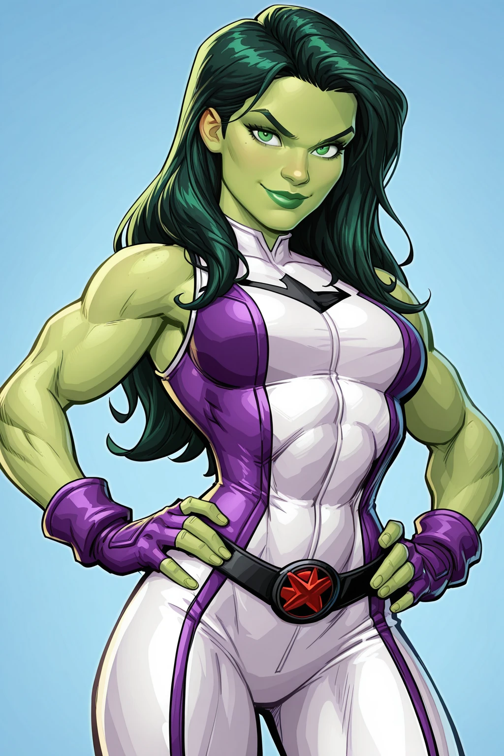 masterpiece, good quality, best quality, very awa, very as2, absurdres, highres
<lora:Patrick Brown StyleIlluLYCO:1.2>patrick brown, 1girl, long hair, dark green hair, green skin, colored skin, purple bodysuit, white bodysuit, sleeveless, fingerless gloves, purple gloves, green eyes, muscular female, green lipstick, smile, hands on own hips, cowboy shot, parted hair, parted bangs,