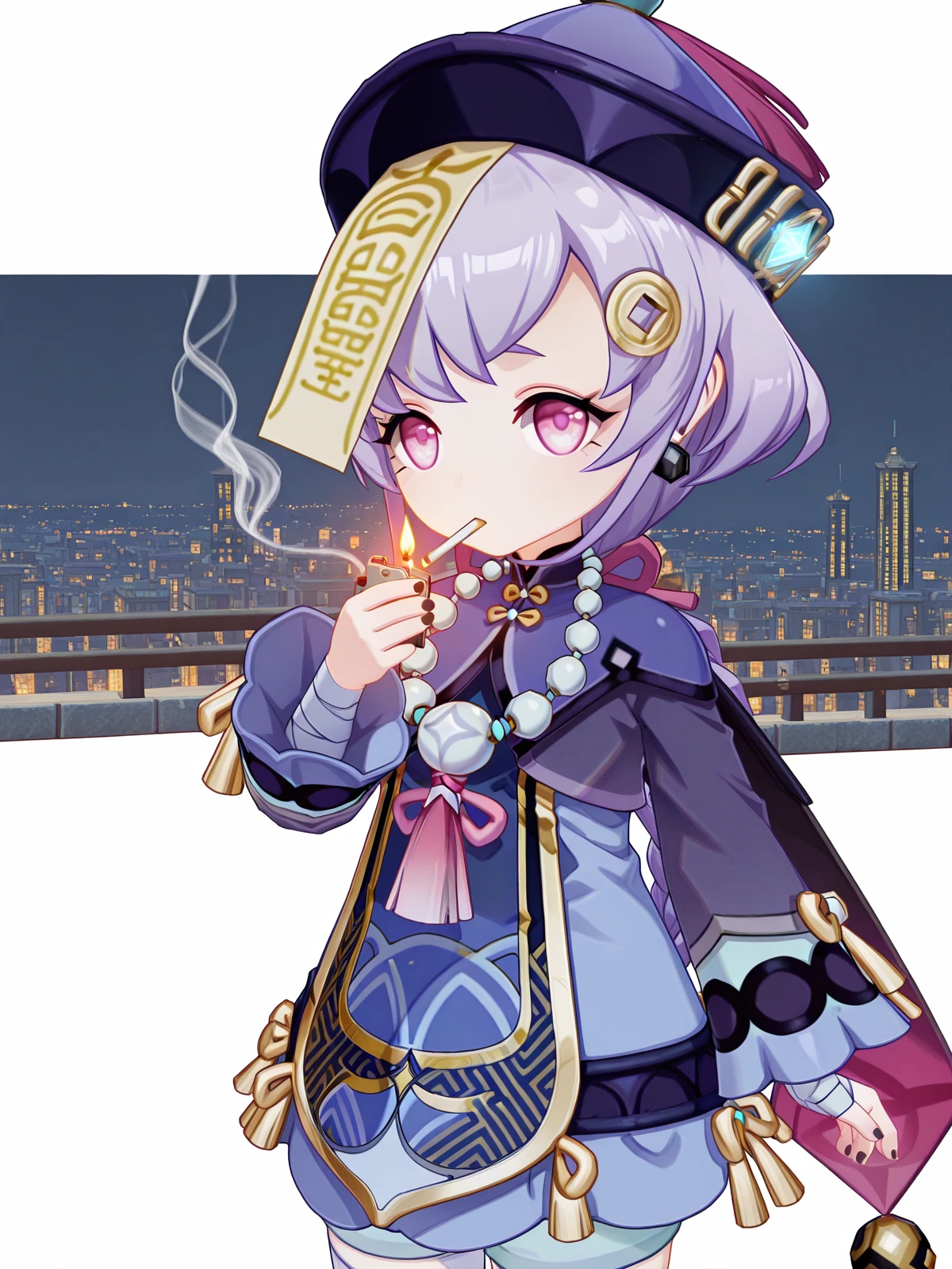 masterpiece, best quality, amazing quality,, <lora:genshin-qiqi-ingame-illustriousxl-lora-nochekaiser:1>, qiqi, qiqi (genshin impact), long hair, hair ornament, purple eyes, braid, purple hair, earrings, pink eyes, single braid, braided ponytail, jiangshi, coin hair ornament, 3d, long sleeves, dress, thighhighs, hat, jewelry, shorts, wide sleeves, necklace, white thighhighs, blue dress, bandages, beads, ofuda, purple headwear, bandaged leg, bead necklace, qingdai guanmao,, <lora:lighting-cigarette-illustriousxl-lora-nochekaiser:1>, lighting cigarette, lighter, holding lighter, cigarette, smoking, fire, smoke, holding, upper body, city skyline, rooftop view, night time, city lights, quiet reflection, cowboy shot, solo, looking at viewer, <lora:transparent-background-illustriousxl-lora-nochekaiser:1>, transparent background, simple background, white background