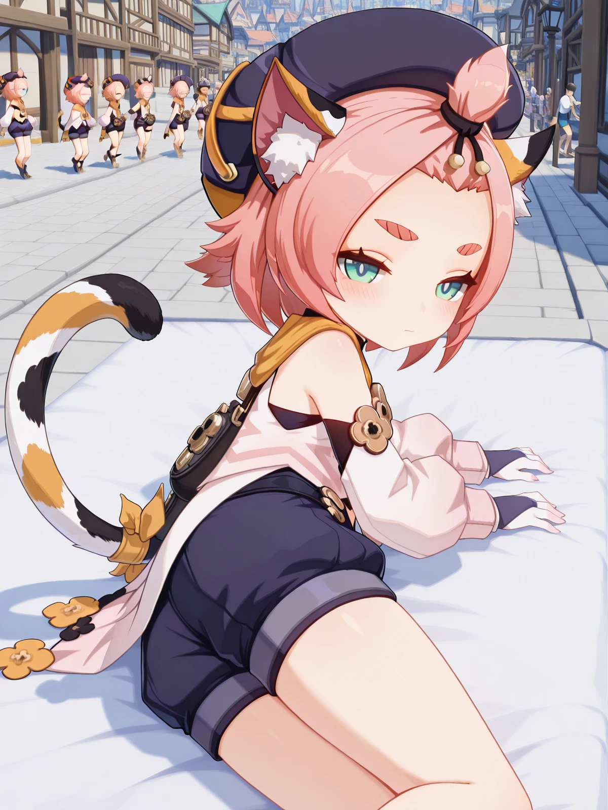 masterpiece, best quality, amazing quality,, <lora:genshin-diona-ingame-illustriousxl-lora-nochekaiser:1>, diona, diona (genshin impact), short hair, animal ears, green eyes, tail, pink hair, sidelocks, cat ears, animal ear fluff, cat tail, thick eyebrows, cat girl, forehead, bangs pinned back, 3d, shirt, long sleeves, gloves, hat, ribbon, detached sleeves, shorts, puffy sleeves, belt, white gloves, black headwear, black shorts, blue shorts, paw print, puffy shorts, <lora:amagi-pose-illustriousxl-lora-nochekaiser:1>, amagi pose, solo, lying, on side, on bed, cowboy shot, thighs, half-closed eyes, blush, looking at viewer,, town, small, streets, community, people, cowboy shot, solo, looking at viewer,