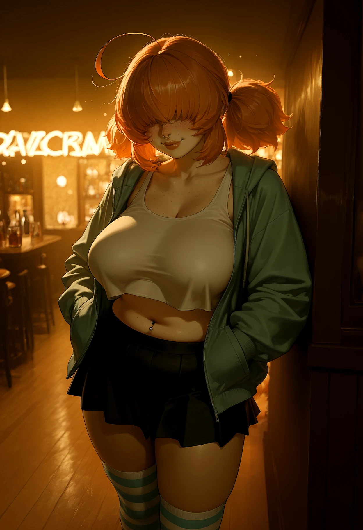 close up, dynamic angle, three quarter view, 1girl, plump lips, thick lips, fat lips, big lips, freckles, thick thighs, orange hair, short twintails, big hair, bob cut, curled tips, choppy bangs, prominent ahoge, (hair antenna), hair over eyes, hair covering eyes, nose ring, large sagging breasts, loose tank top, croptop overhang, midriff, belly button piercing, light freckles, open hoodie, black skirt, striped thigh-high socks, leaning on wall, leaning, relaxed, standing, seductive pose, hands in pocket, aroused, drunk, flirty, smile, inside, bar, club, pub, vivid colours, glowing, neon lights, dark, sidelighting, haze, fog, dim lighting, depth of field, bokeh, blur, high contrast, <lora:IL\KMS_hair-004_short_twintails_bob_cut_IL-000019:1>