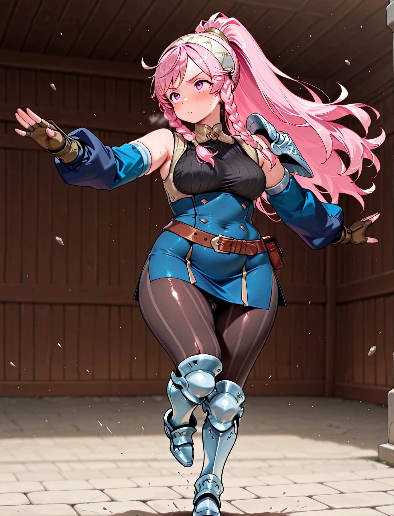 <lora:LECO-mature_female_XL(ill)v11:1> , <lora:Curvier:1>plump, thick thighs, wide hips, curvy, thigh gap,
<lora:AwakeningMercenary:1> AwaMerc, blue short dress, underbust, black sweater, sleeveless dress, detached sleeves, blue sleeves, brown belt, fingerless gloves, brown gloves, single pauldron, black pantyhose, vertical-striped leggings, armored legs, white armored boots
<lora:Olivia:1> Olivia, pink hair, long hair, braid, twin braids, side braid, ponytail, hairband, pink eyes, medium breasts,
<lora:mai_pose_kf_1:1> mai_pose_kf_1, fighting_stance, standing_on_one_leg, high_kick,balancing, IllusP0s, masterpiece, best quality, amazing quality, very aesthetic, absurdres, newest, Smooth_Quality