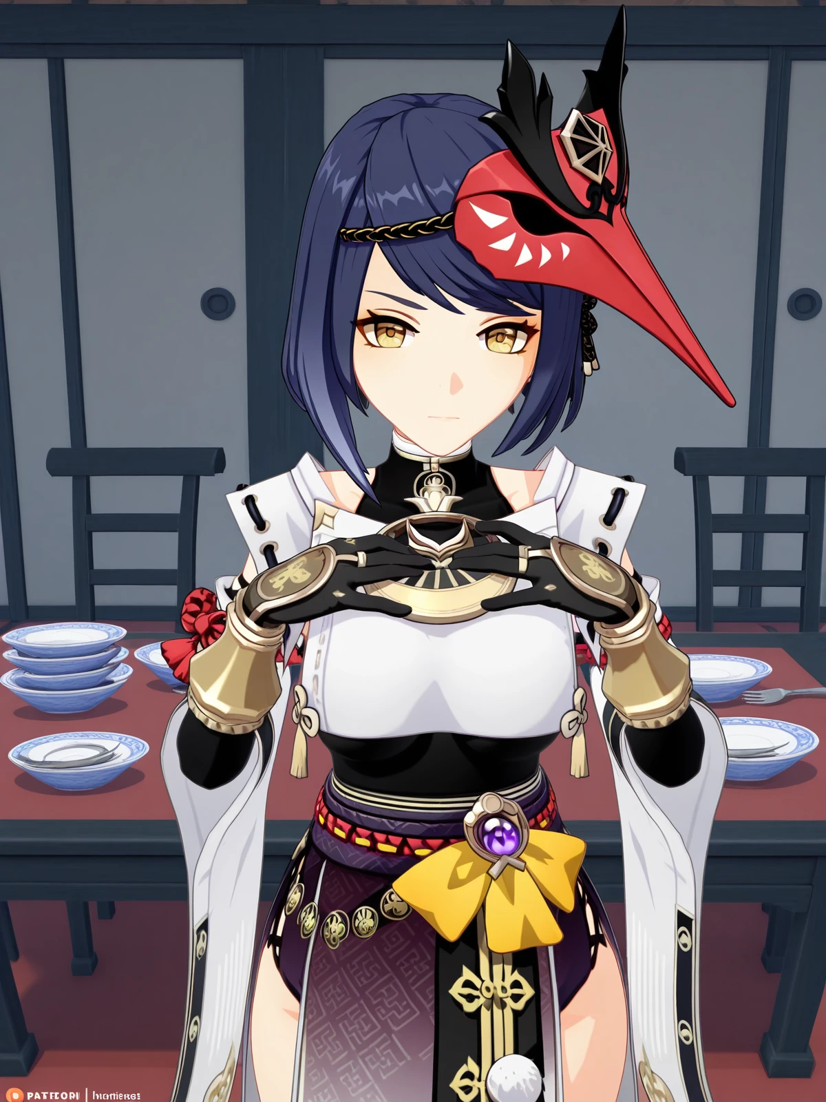 masterpiece, best quality, amazing quality,, <lora:genshin-sara-kujou-ingame-illustriousxl-lora-nochekaiser:1>, sara kujou, kujou sara, blue hair, short hair, swept bangs, yellow eyes, mature female, breasts, 3d, bird mask, gloves, leotard, bracer, detached sleeves, elbow gloves, gloves, japanese clothes, jewelry, leotard, mask, mask on head, obi, pelvic curtain, pendant, sash, sleeveless, vision (genshin impact), wide sleeves,, hands on own chest,, dining room, table, chairs, dishes, cutlery, cowboy shot, solo, looking at viewer,