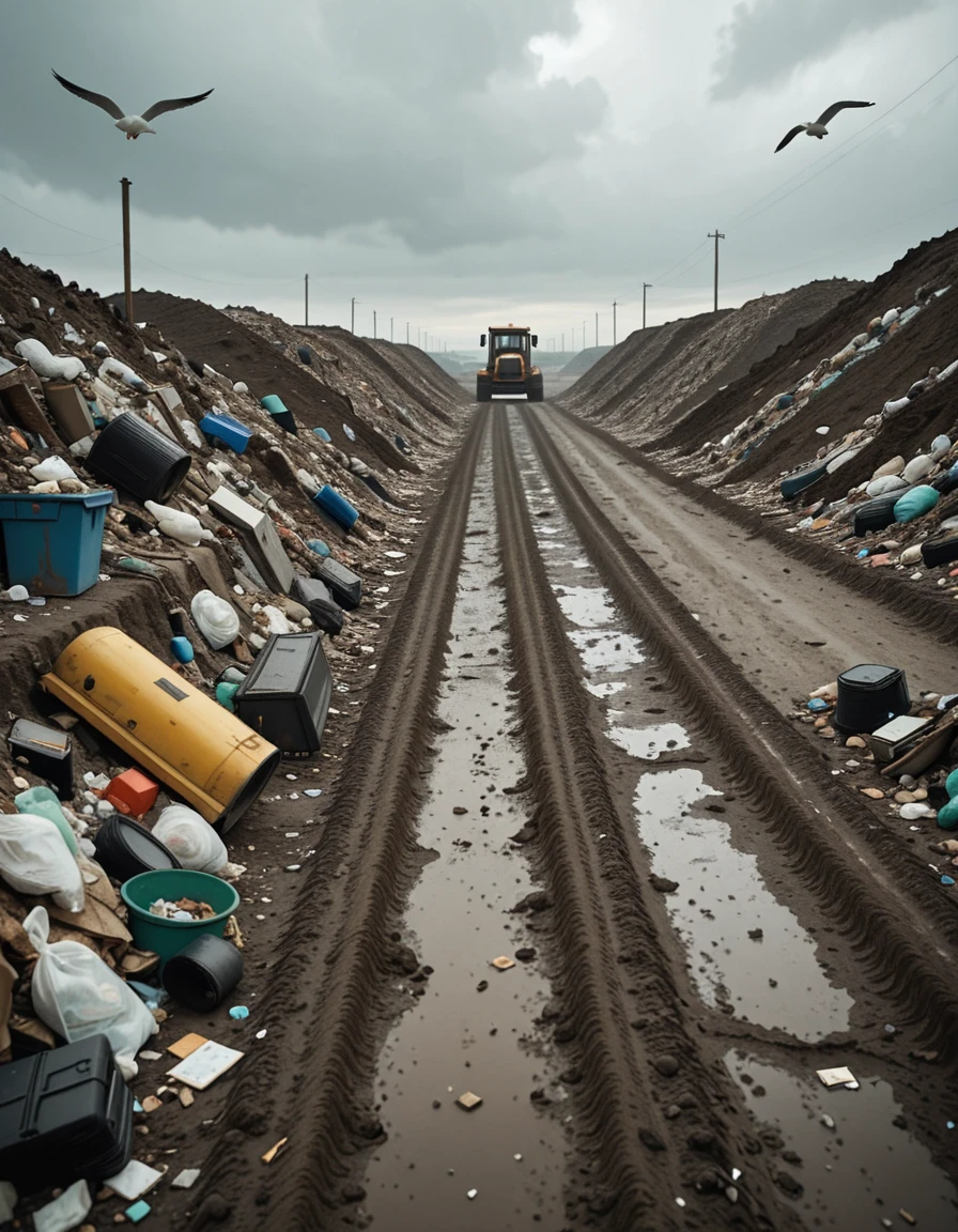 A wide, desolate landscape of a public landfill stretching across the horizon under a cloudy gray sky. Piles of mixed garbageâplastic bags, broken furniture, rusted metal, old electronics, and decaying organic wasteâare scattered in uneven mounds. Seagulls circle overhead while stray dogs rummage through the debris. In the distance, a bulldozer pushes trash into larger heaps, and a faint haze rises from decomposing matter. The ground is muddy and littered with fragments, creating a chaotic, grim atmosphere. No people are present.public l4ndf1ll, <lora:public_l4ndf1llv2-i:1>, Masterpiece,best quality,hi res,8k,hi res,8k,award winning,(sharp focus, intricate, highly detailed),