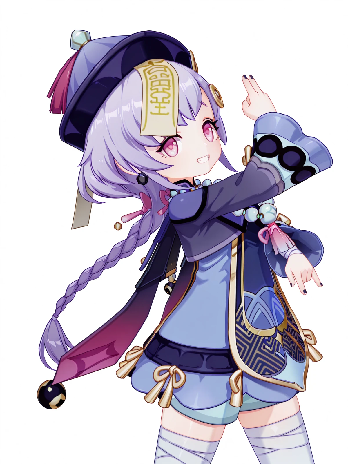 masterpiece, best quality, amazing quality,, <lora:genshin-qiqi-ingame-illustriousxl-lora-nochekaiser:1>, qiqi, qiqi (genshin impact), long hair, hair ornament, purple eyes, braid, purple hair, earrings, pink eyes, single braid, braided ponytail, jiangshi, coin hair ornament, 3d, long sleeves, dress, thighhighs, hat, jewelry, shorts, wide sleeves, necklace, white thighhighs, blue dress, bandages, beads, ofuda, purple headwear, bandaged leg, bead necklace, qingdai guanmao,, <lora:killer-queens-pose-illustriousxl-lora-nochekaiser:1>, killer queens pose, killer queens's pose (jojo), jojo pose, arm up, hand up, \n/, double \n/, arm down, hand down, grin, arched back, bent over, cowboy shot, shower, water, steam, shower_head, tiles, cowboy shot, solo, looking at viewer, <lora:transparent-background-illustriousxl-lora-nochekaiser:1>, transparent background, simple background, white background