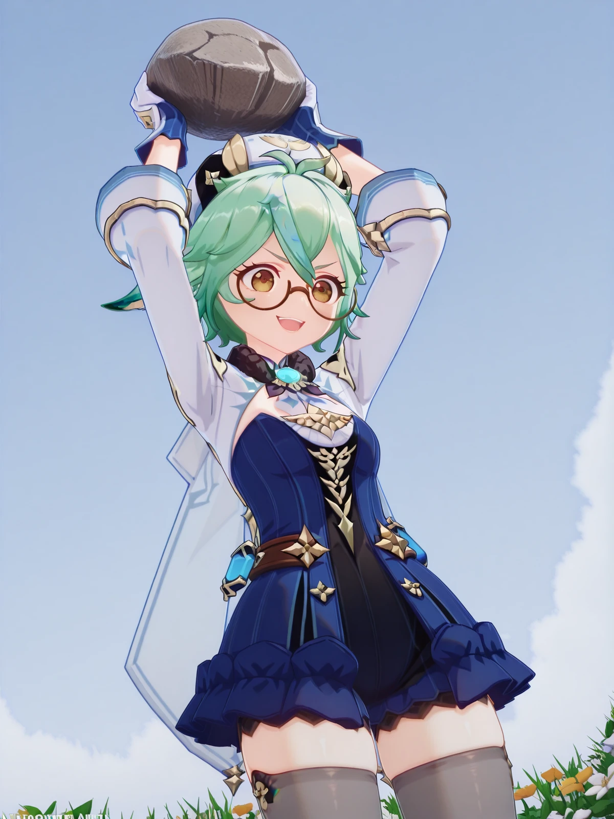 masterpiece, best quality, amazing quality,, <lora:genshin-sucrose-ingame-illustriousxl-lora-nochekaiser:1>, sucrose, sucrose (genshin impact), ahoge, animal ears, brown eyes, glasses, gradient hair, hair between eyes, messy hair, multicolored hair, semi-rimless eyewear, short hair, mature female, small breasts, 3d, frills, fur collar, gem, gloves, green thighhighs, long sleeves, thighhighs, white headwear, zettai ryouiki, skirt, blue skirt,, <lora:alexthelion-holding-rock-illustriousxl-lora-nochekaiser:1>, alexthelion holding rock, solo, looking at viewer, open mouth, holding, holding rock, arms up, looking down, v-shaped eyebrows, evil grin, blue sky, open mouth, dutch angle, flower shop, flowers, shelves, arrangements, cowboy shot, solo, looking at viewer, <lora:transparent-background-illustriousxl-lora-nochekaiser:1>, transparent background, simple background, white background