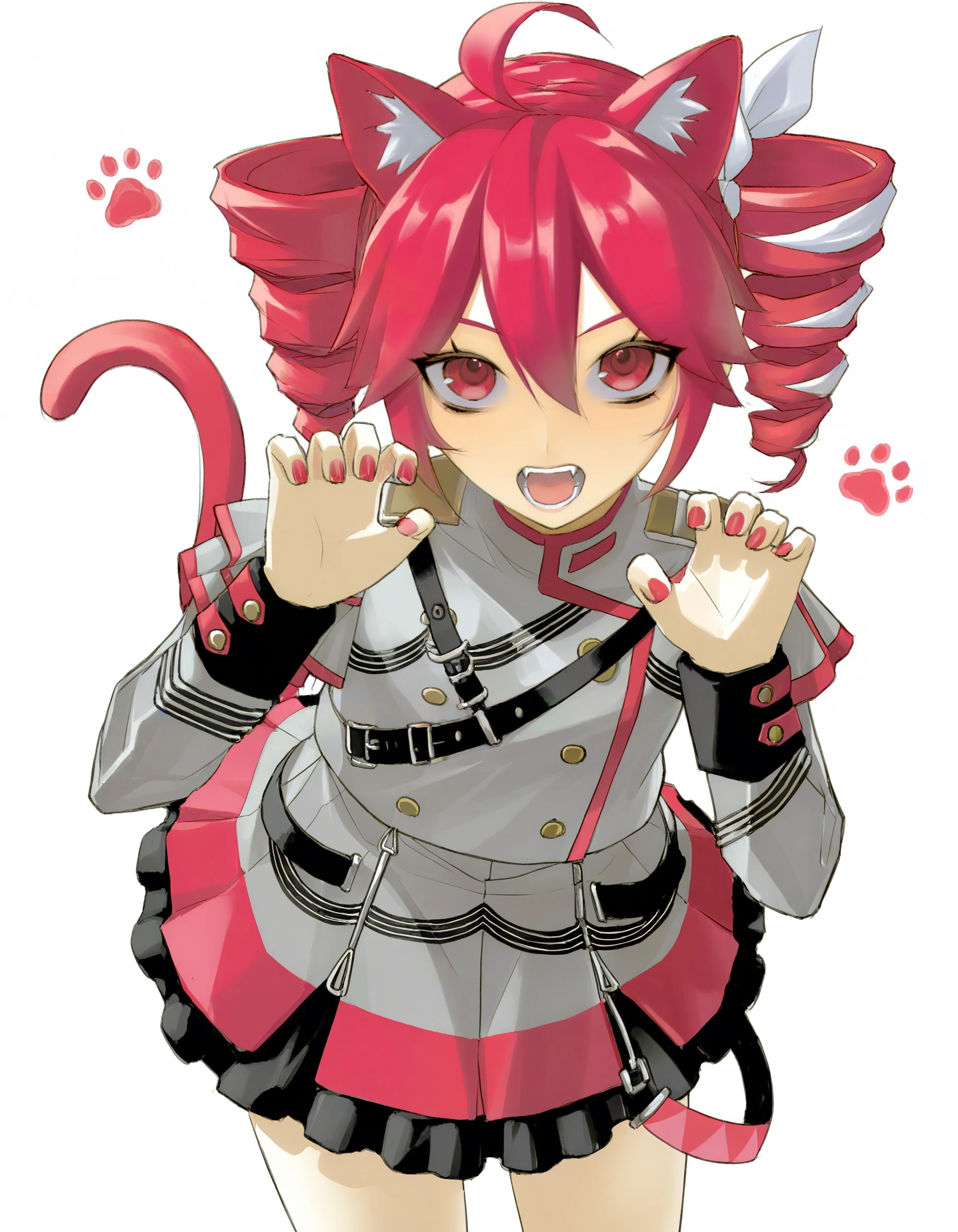 masterpiece, best quality, highres, very awa, very aesthetic, vinne, <break> 1girl, kasane teto \(sv\), cowboy shot, standing, claw pose, red cat ears, cat tail, <segment:face,0.4,0.4//cid=11>